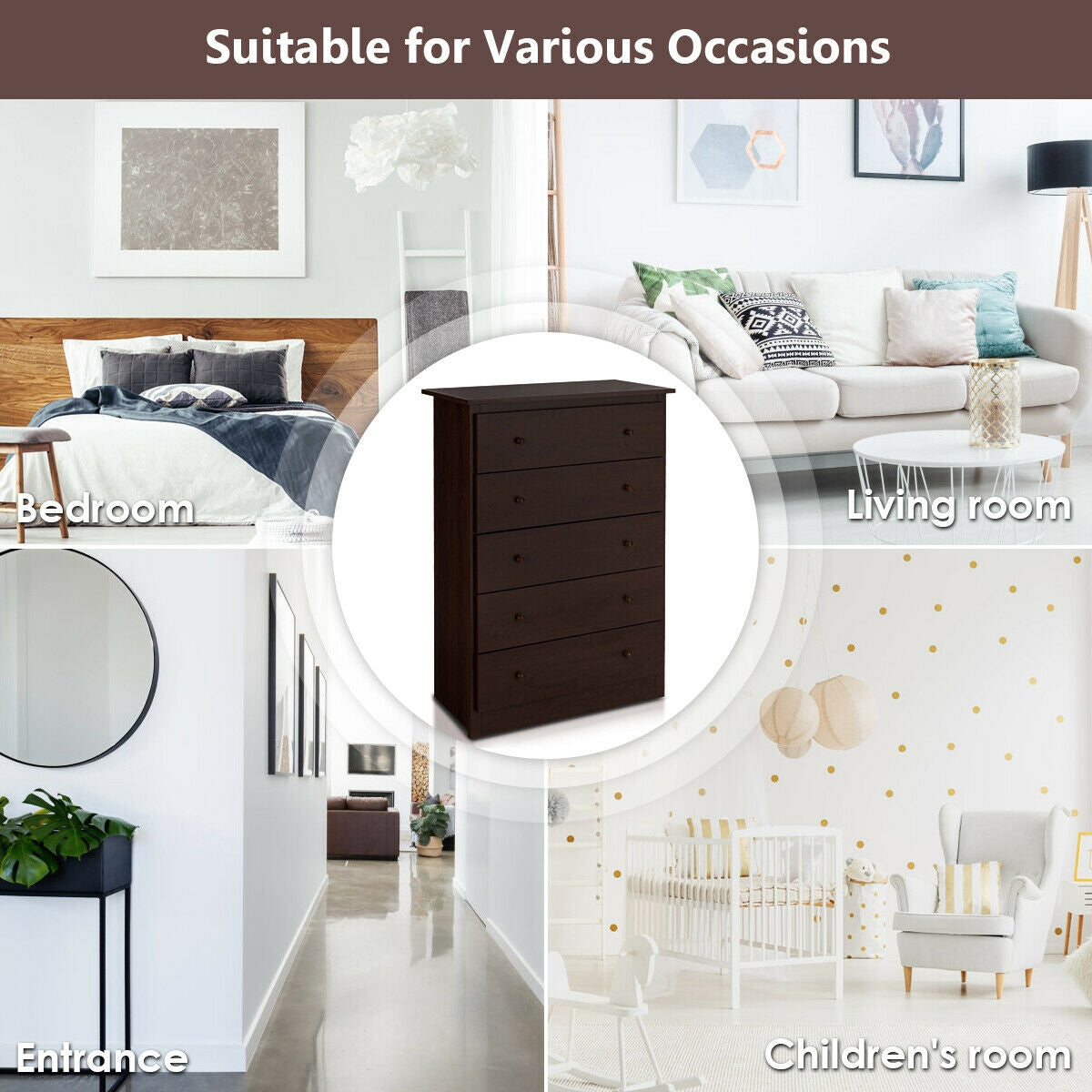 Functional Storage Organized Dresser with 5 Drawer-Dark Brown Kids Crystal