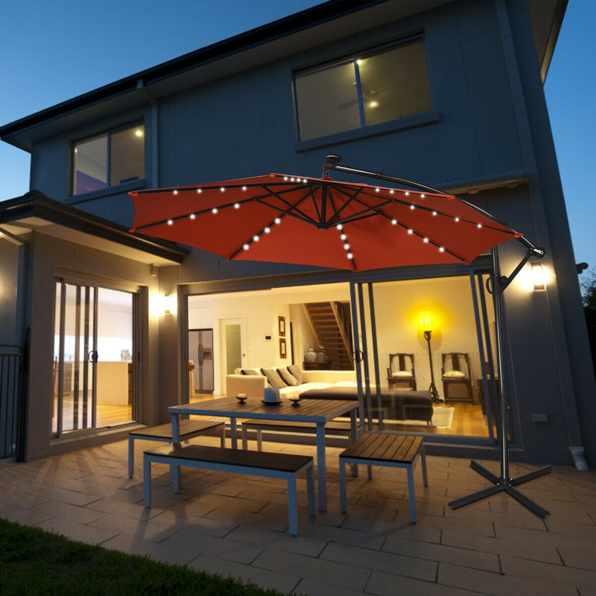 10 ft 360° Rotation Solar Powered LED Patio Offset Umbrella without Weight Base-Orange Kids Crystal