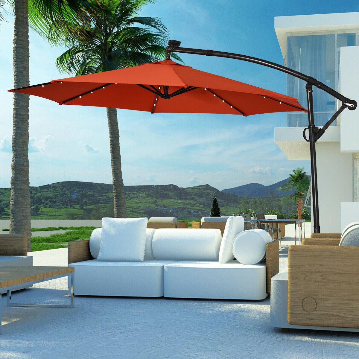 10 ft 360° Rotation Solar Powered LED Patio Offset Umbrella without Weight Base-Orange Kids Crystal