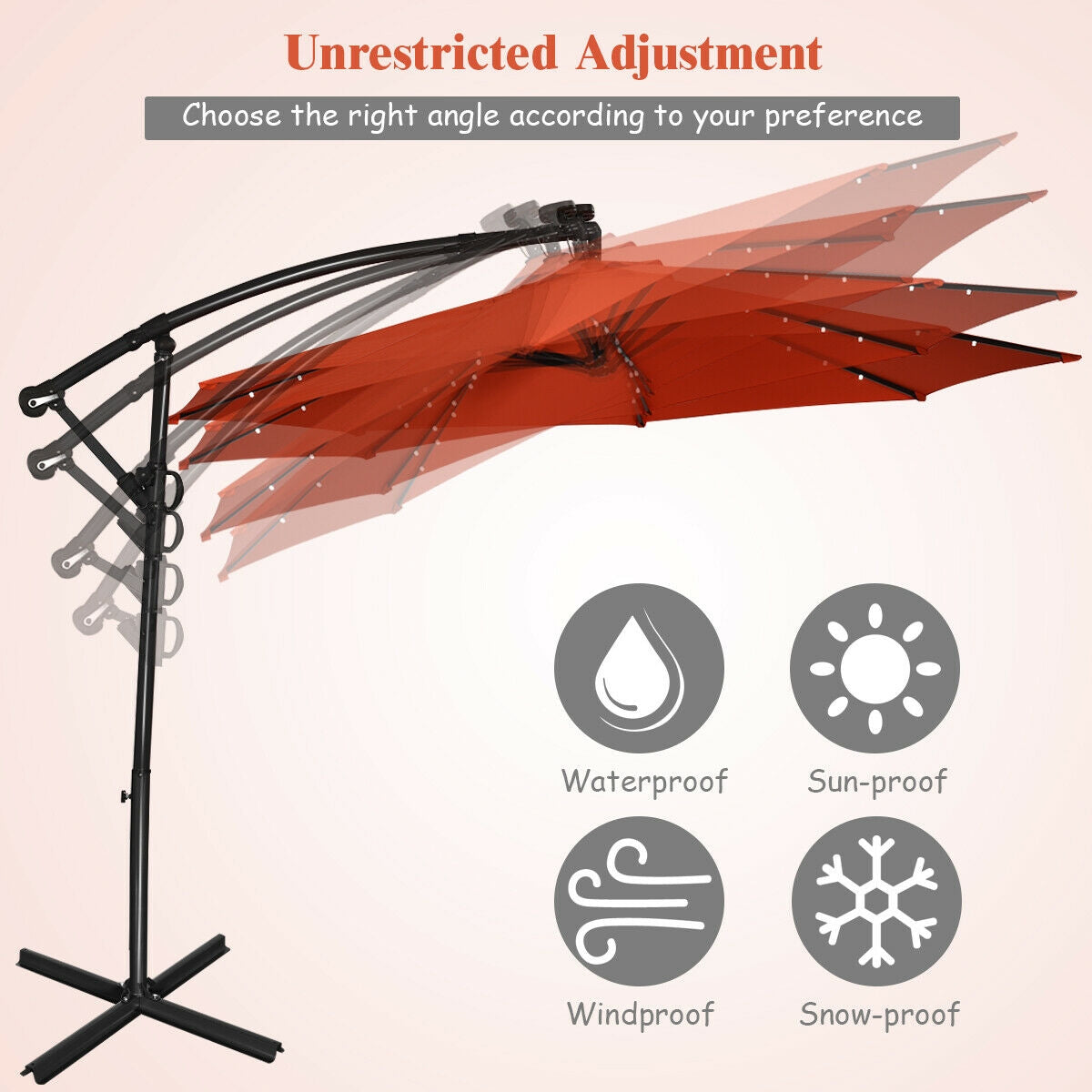 10 ft 360° Rotation Solar Powered LED Patio Offset Umbrella without Weight Base-Orange Kids Crystal