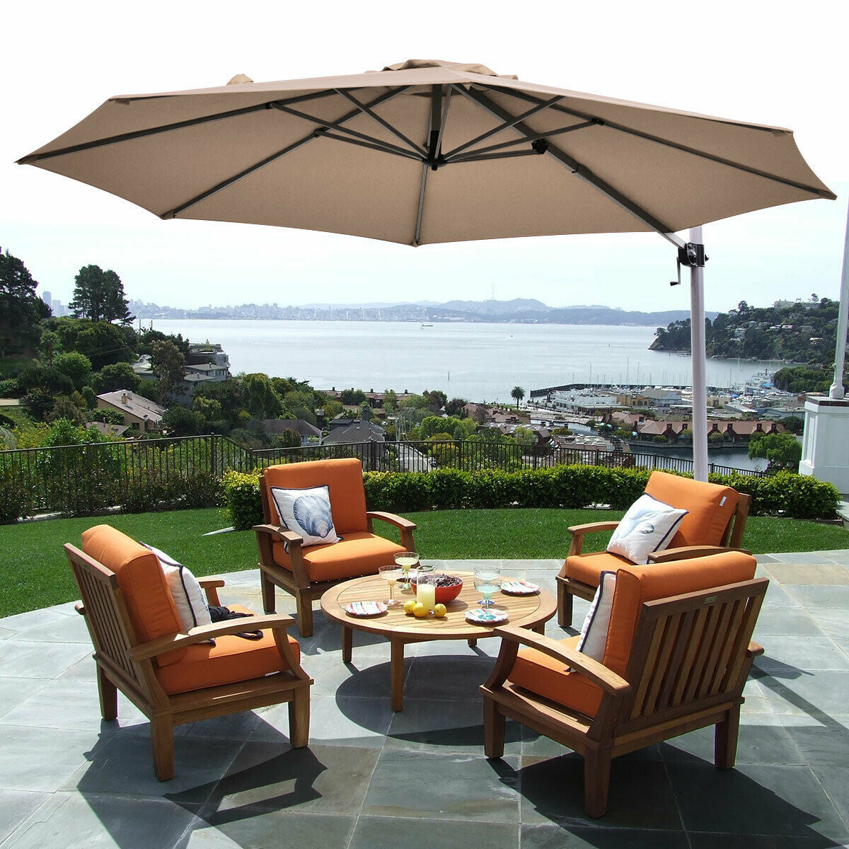 11 Feet Patio Offset Cantilever Umbrella 360° Rotation Aluminum Tilt-Tan Kids Crystal