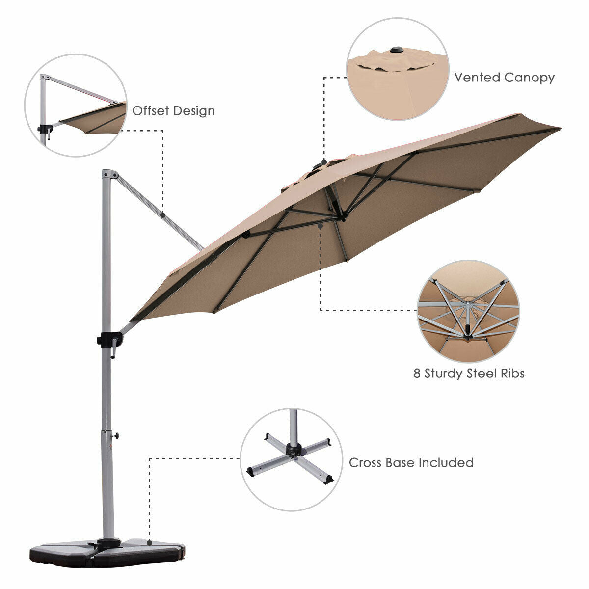 11 Feet Patio Offset Cantilever Umbrella 360° Rotation Aluminum Tilt-Tan Kids Crystal