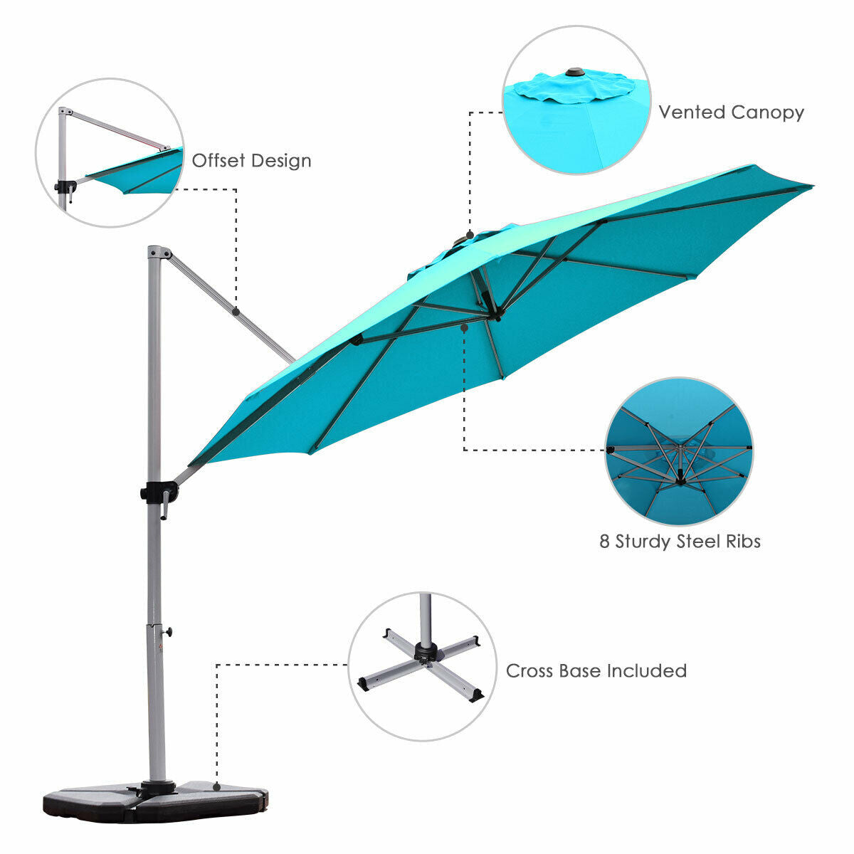 11 Feet Patio Offset Cantilever Umbrella 360° Rotation Aluminum Tilt-Blue Kids Crystal