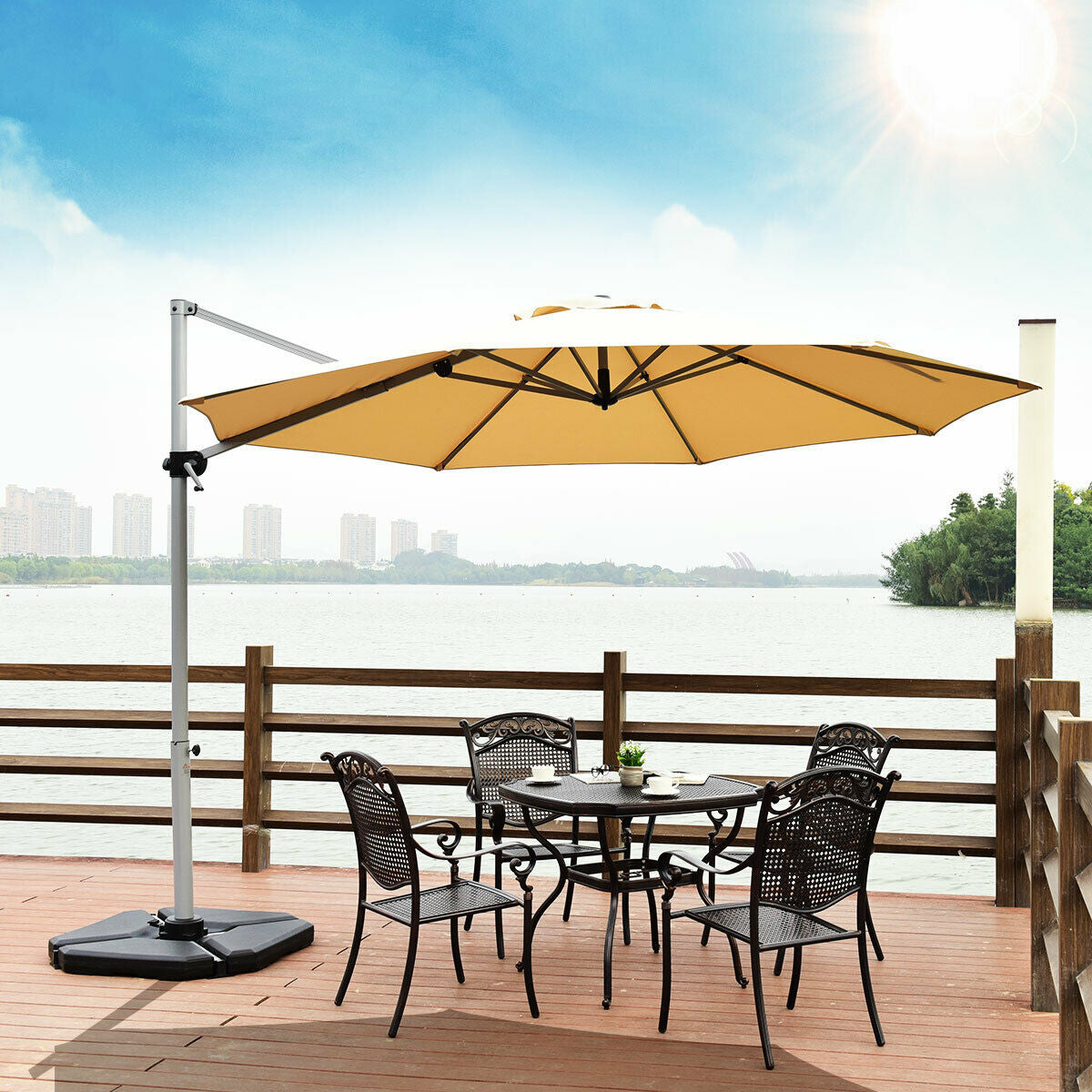 11 Feet Patio Offset Cantilever Umbrella 360° Rotation Aluminum Tilt-Beige Kids Crystal