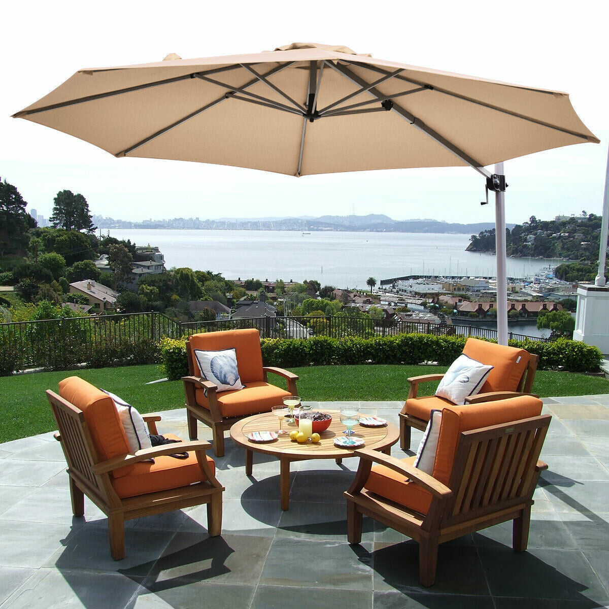 11 Feet Patio Offset Cantilever Umbrella 360° Rotation Aluminum Tilt-Beige Kids Crystal