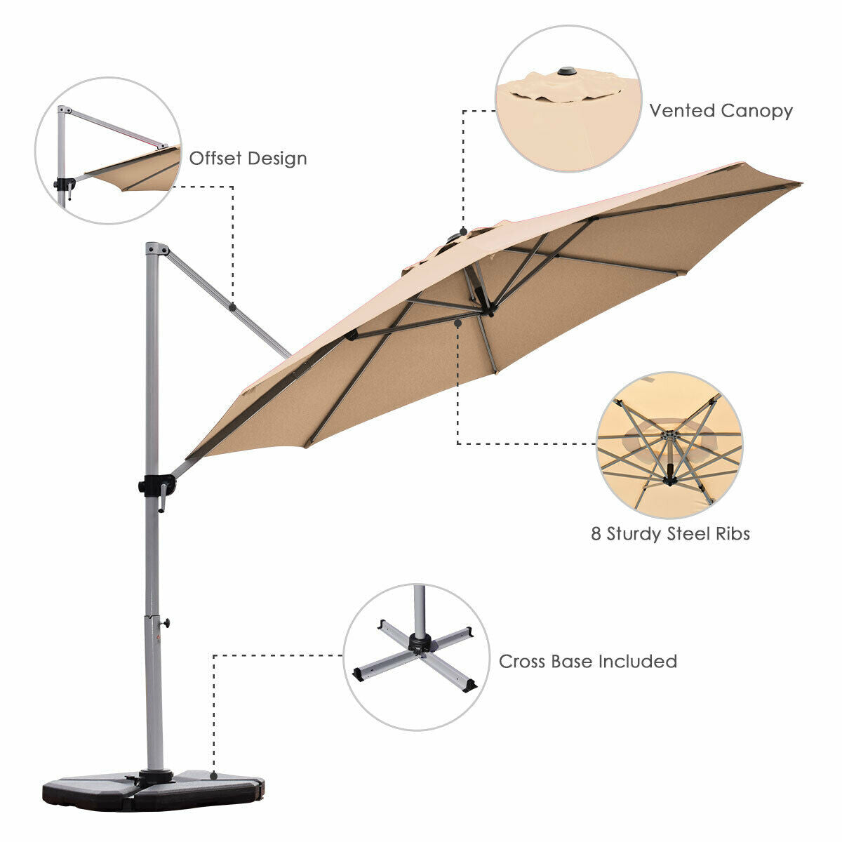 11 Feet Patio Offset Cantilever Umbrella 360° Rotation Aluminum Tilt-Beige Kids Crystal