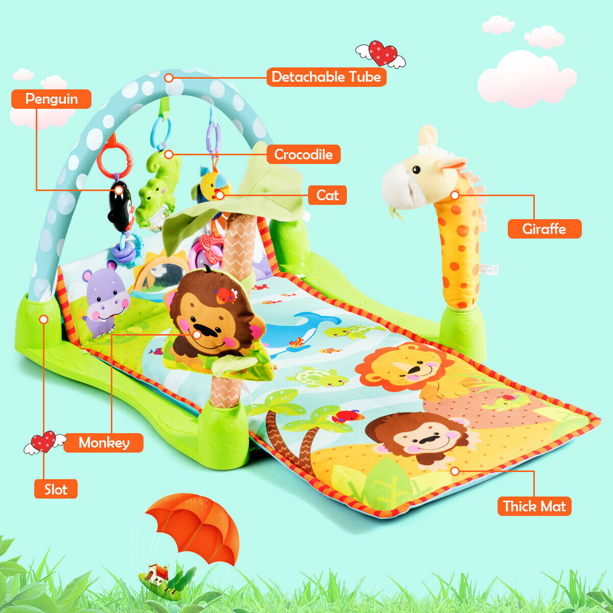 4-in-1 Baby Play Gym Mat with 3 Hanging Educational Toys Kids Crystal