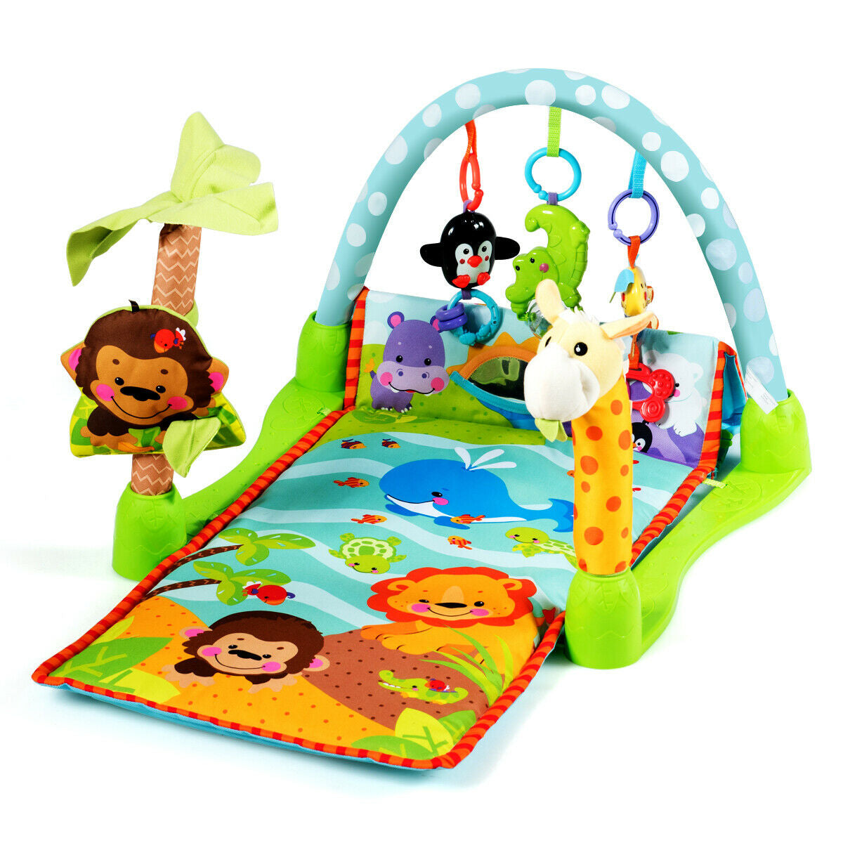 4-in-1 Baby Play Gym Mat with 3 Hanging Educational Toys Kids Crystal