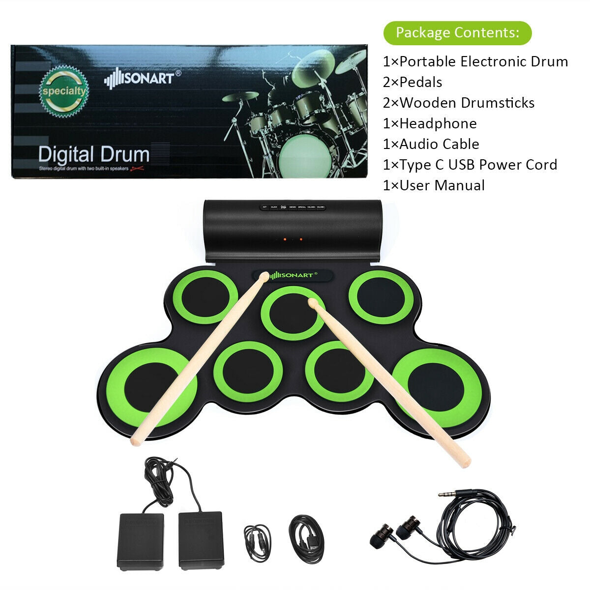 Set 7 Kit Electronic Roll Up Pads MIDI Drum -Green Kids Crystal