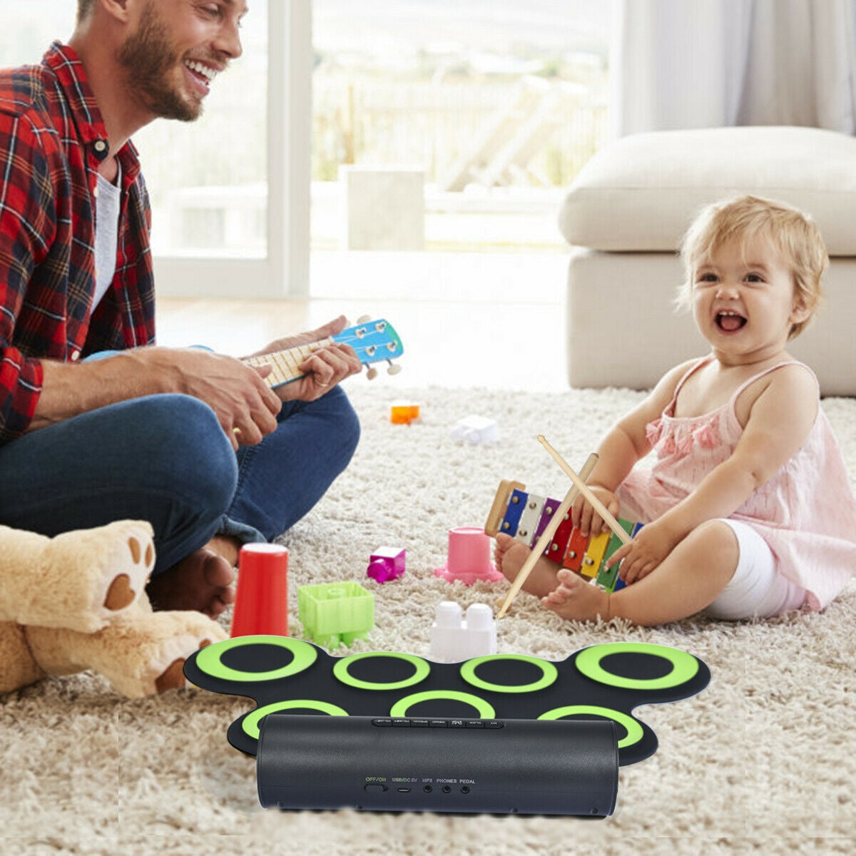 Set 7 Kit Electronic Roll Up Pads MIDI Drum -Green Kids Crystal