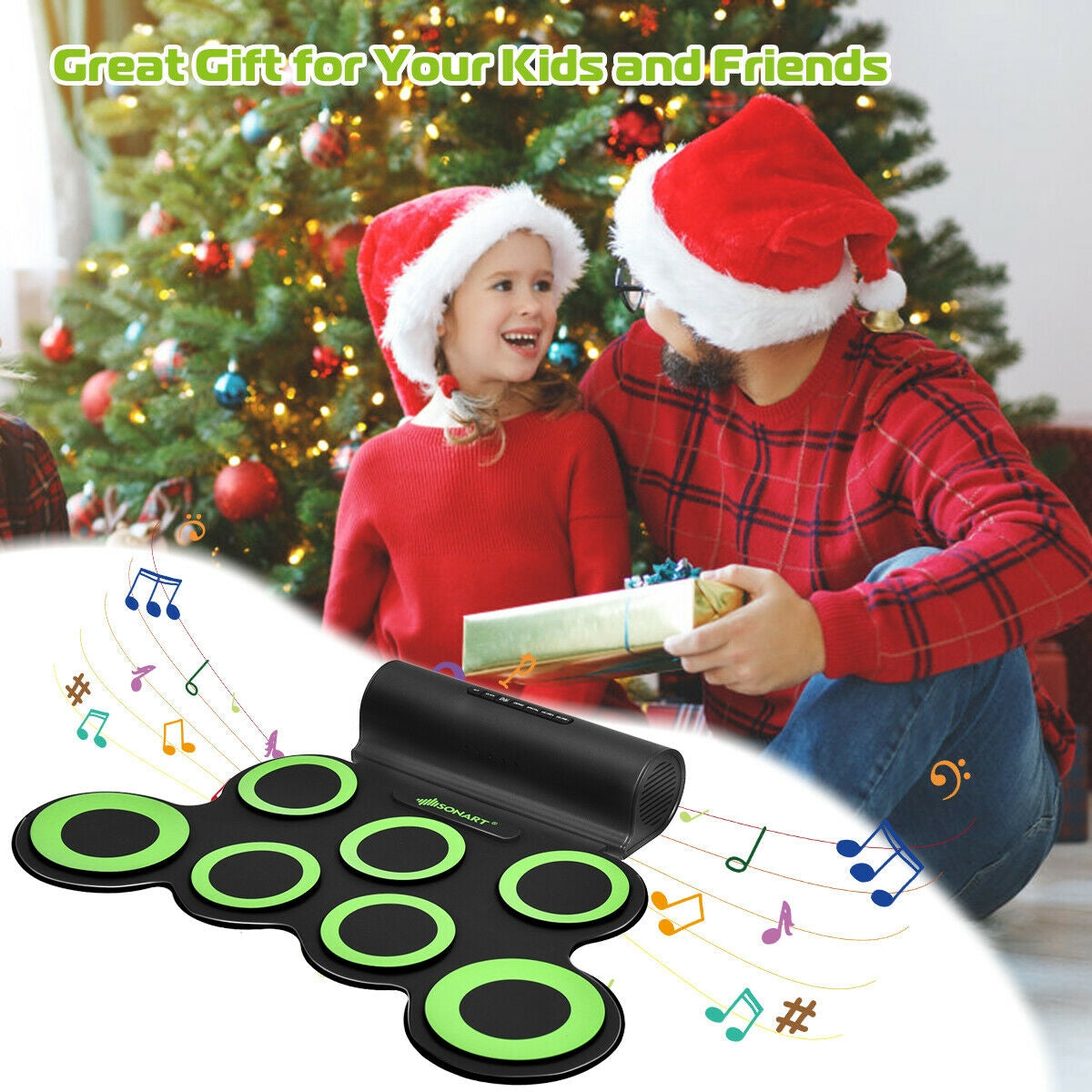 Set 7 Kit Electronic Roll Up Pads MIDI Drum -Green Kids Crystal