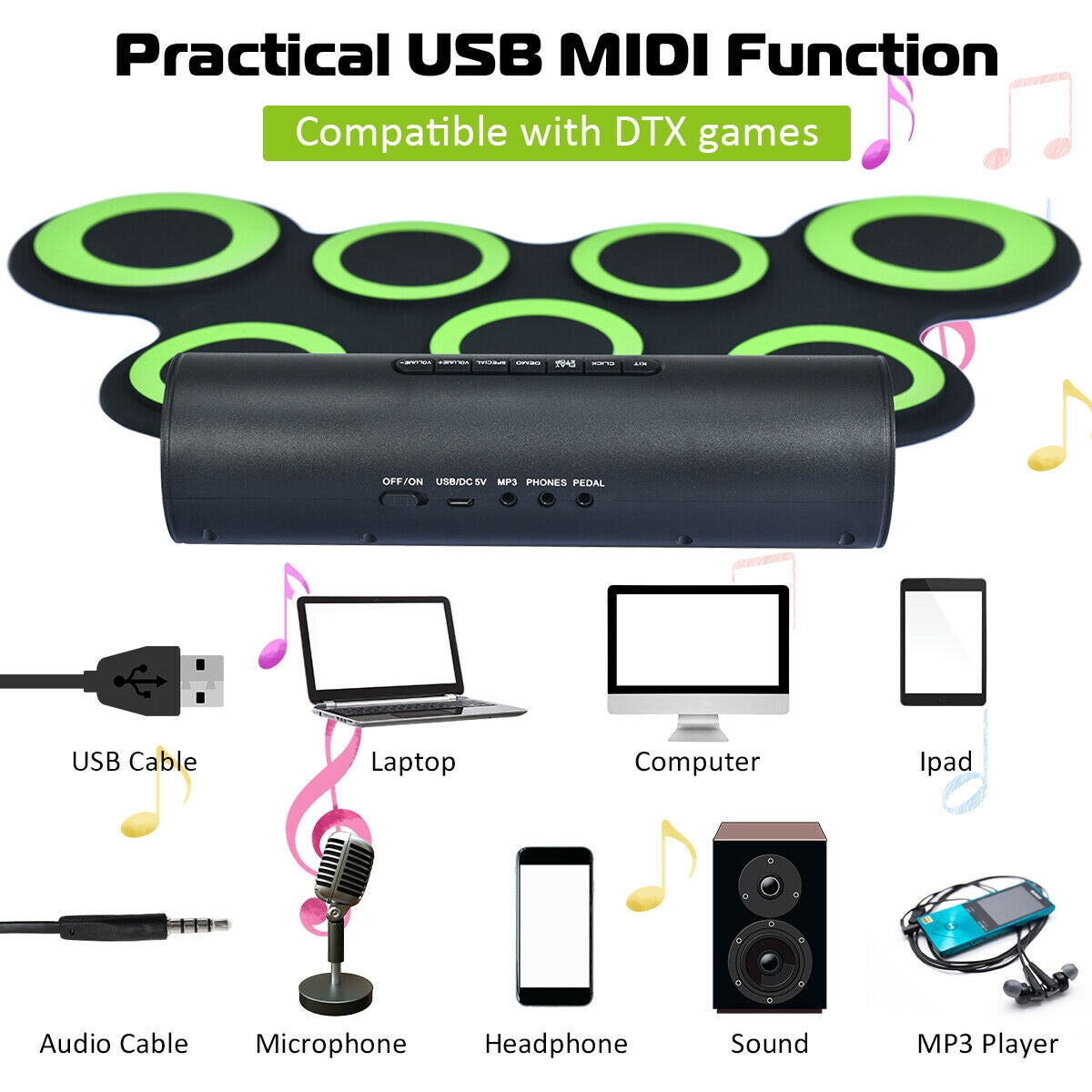 Set 7 Kit Electronic Roll Up Pads MIDI Drum -Green Kids Crystal