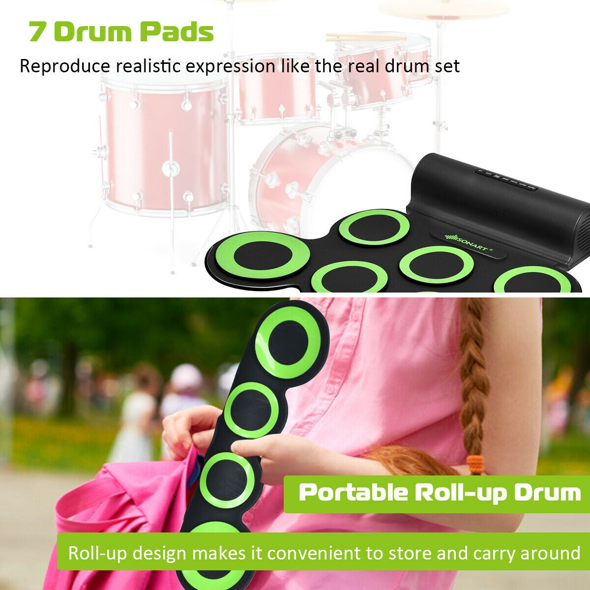 Set 7 Kit Electronic Roll Up Pads MIDI Drum -Green Kids Crystal