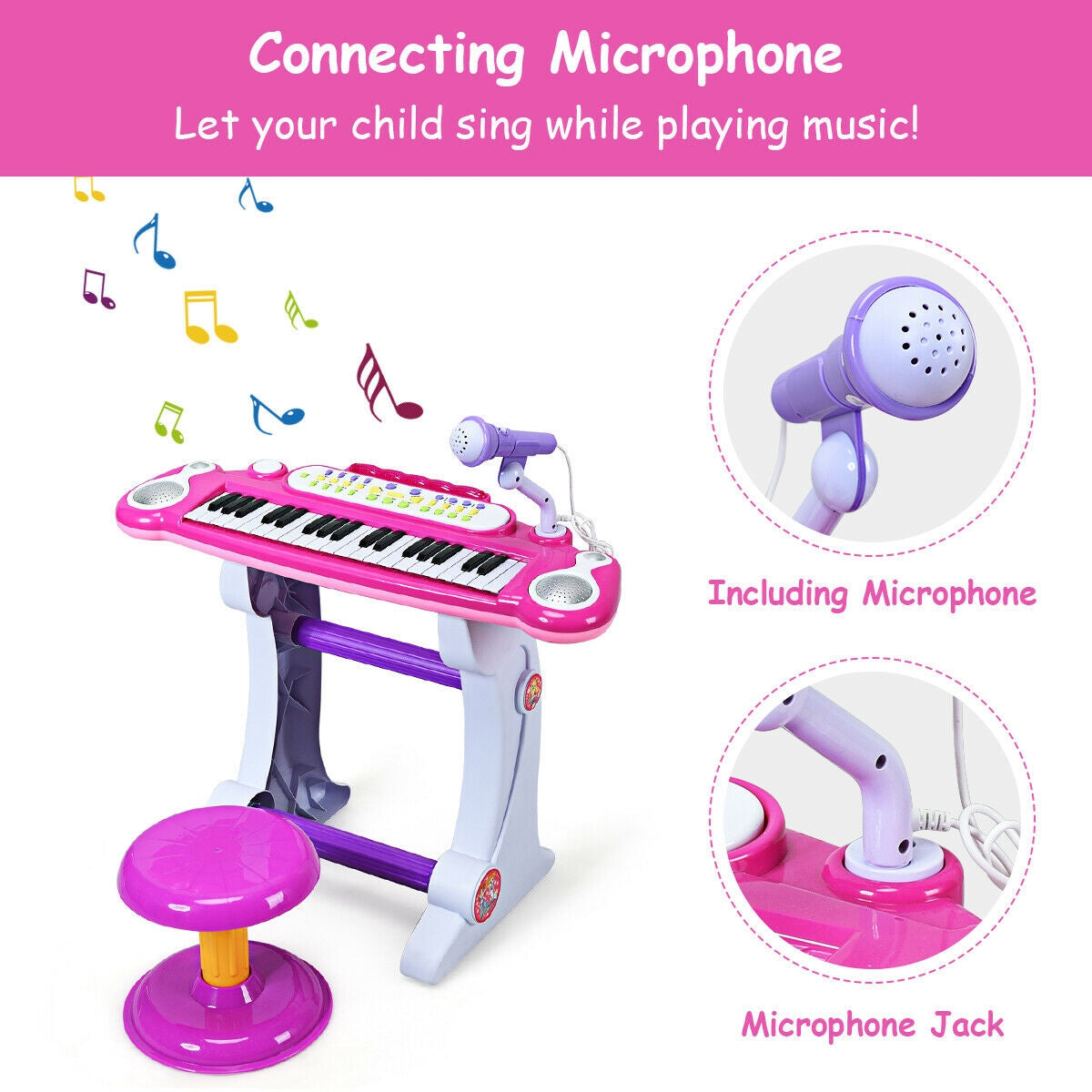 37 Key Electronic Keyboard Kids Toy Piano-Pink Kids Crystal