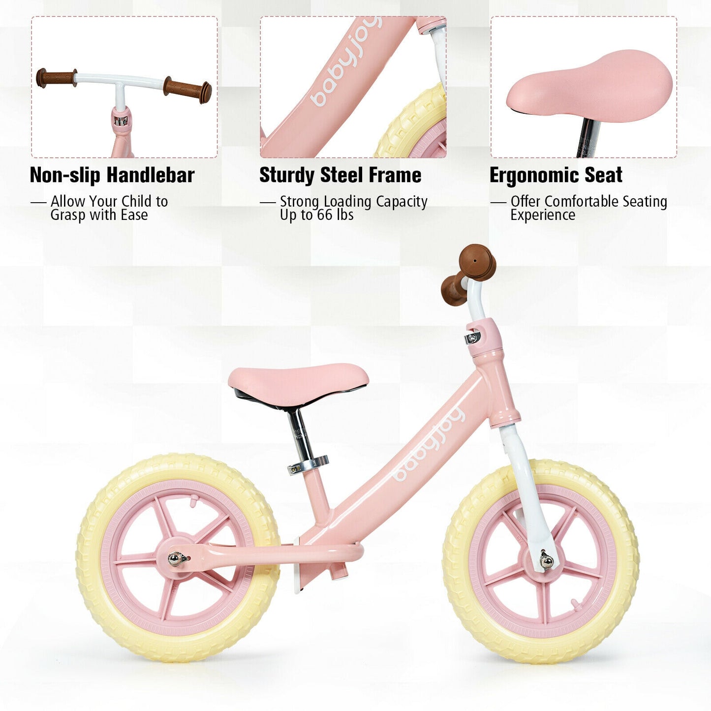 12 Inch Kids Balance No-Pedal Ride Pre Learn Bike with Adjustable Seat-Pink Kids Crystal