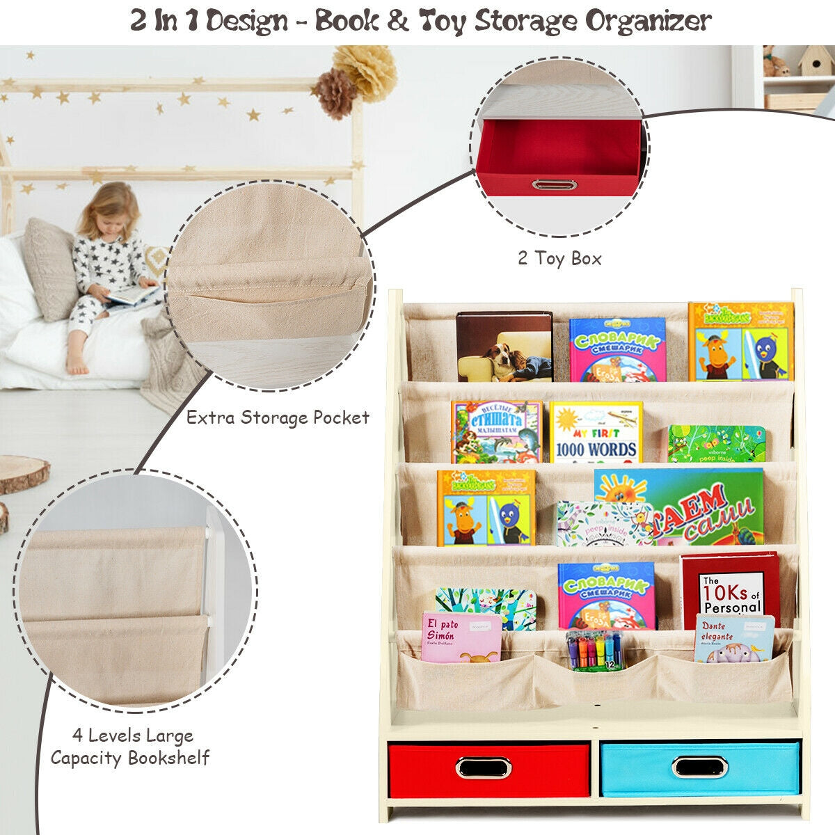 Kids Book and Toys Organizer Shelves-Beige Kids Crystal