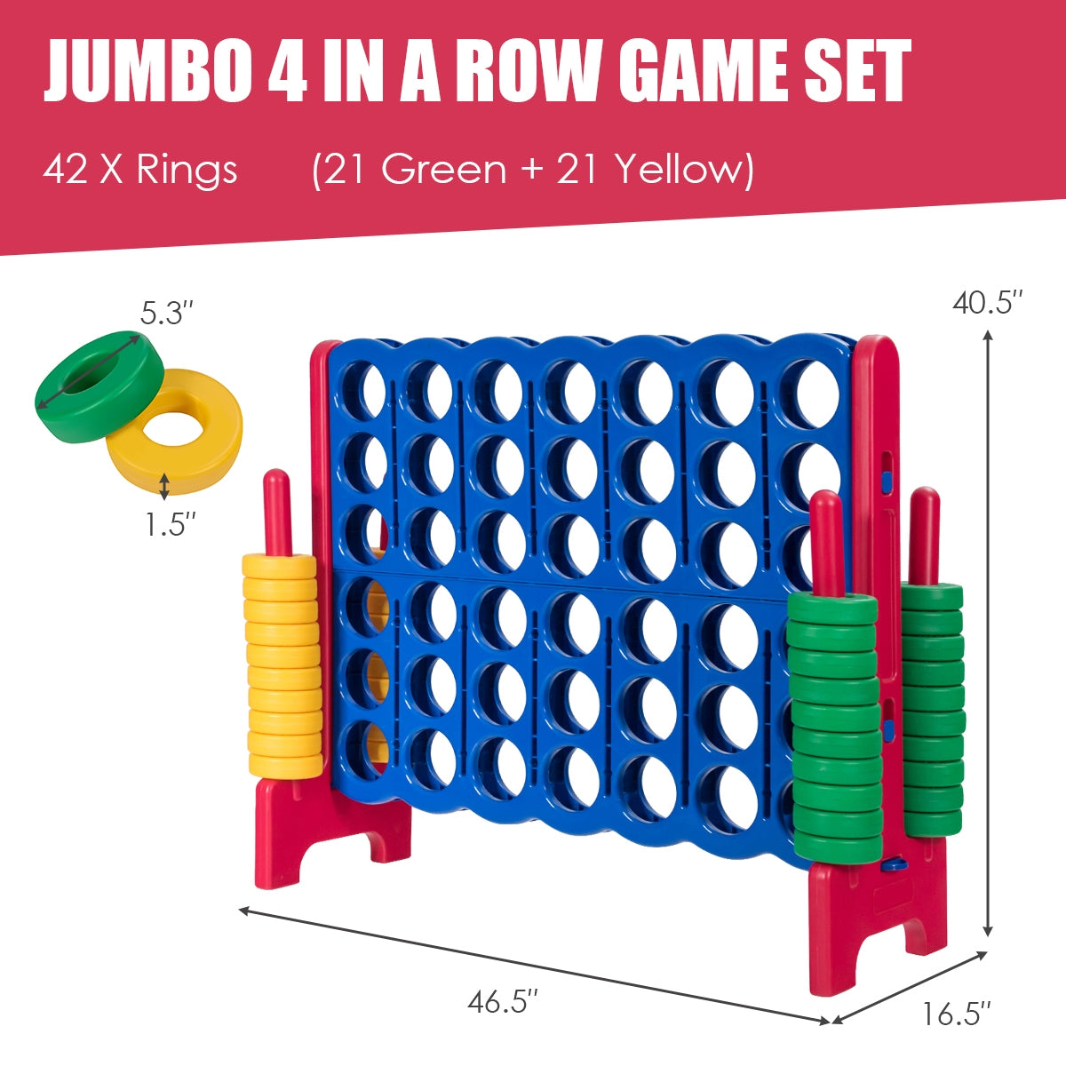 Jumbo 4-to-Score Giant Game Set with 42 Jumbo Rings and Quick-Release Slider-Red Kids Crystal