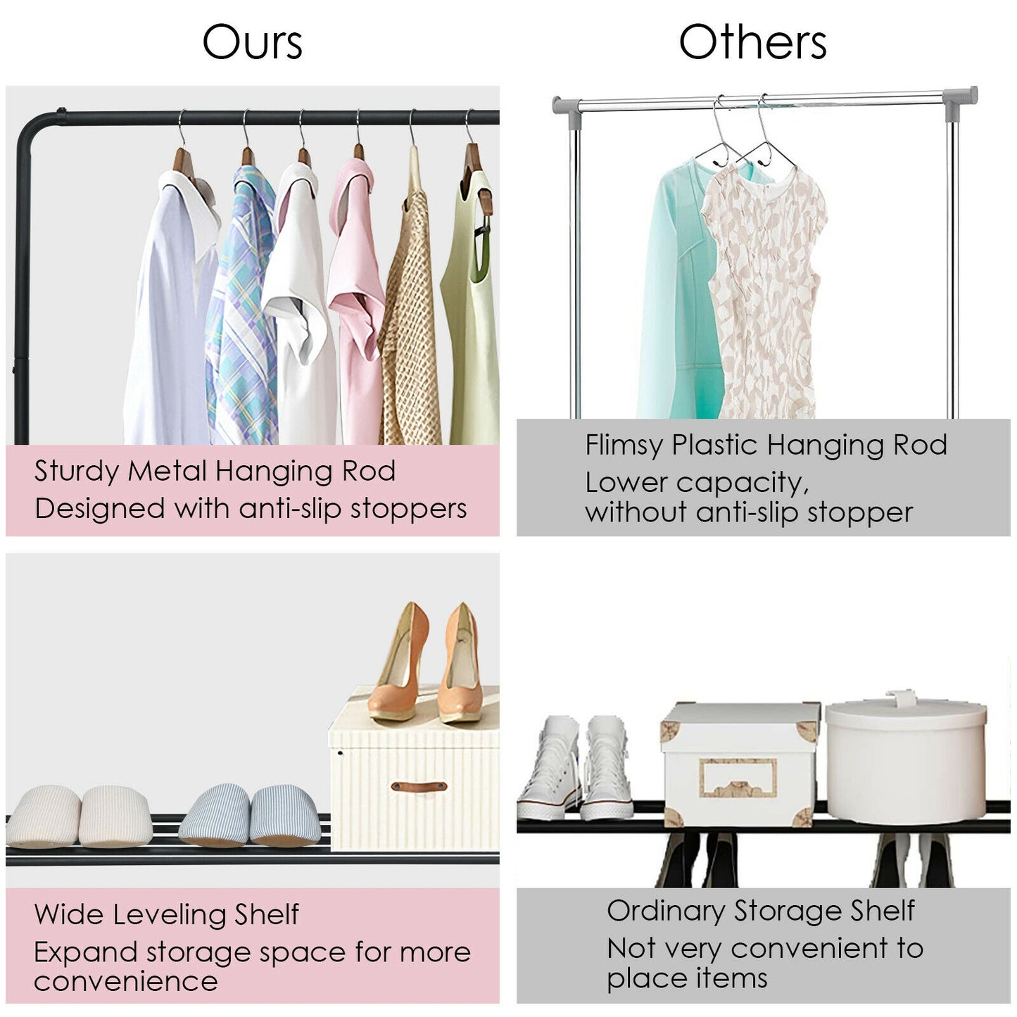 Heavy Duty Clothes Stand Rack with Top Rod and Lower Storage Shelf Kids Crystal