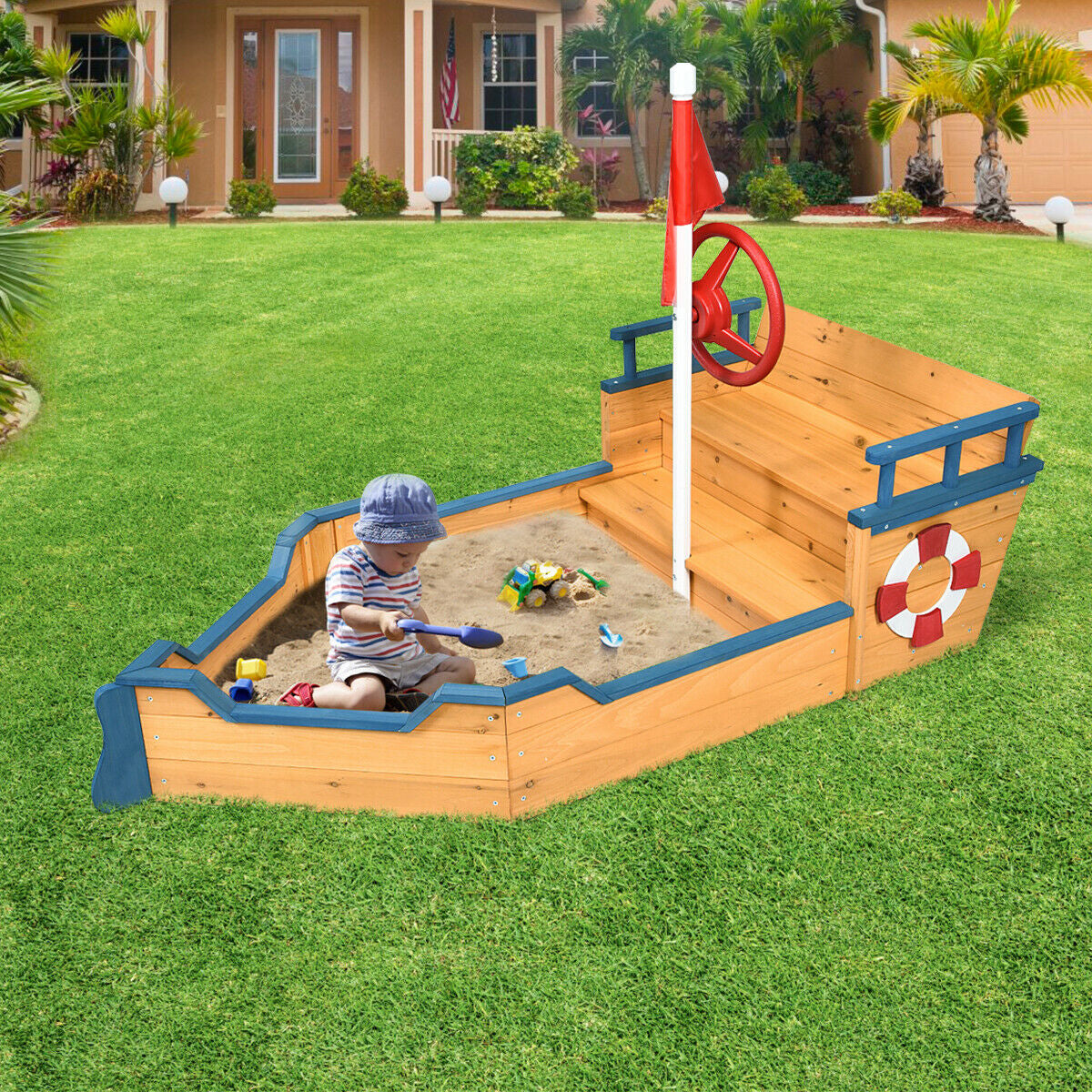 Wooden Pirate Boat Wood Sandbox for Kids Kids Crystal