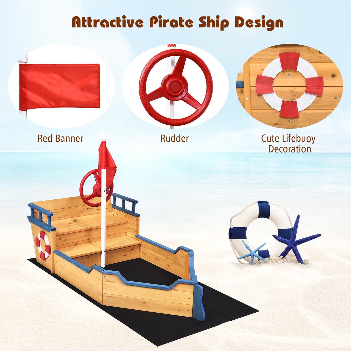 Wooden Pirate Boat Wood Sandbox for Kids Kids Crystal