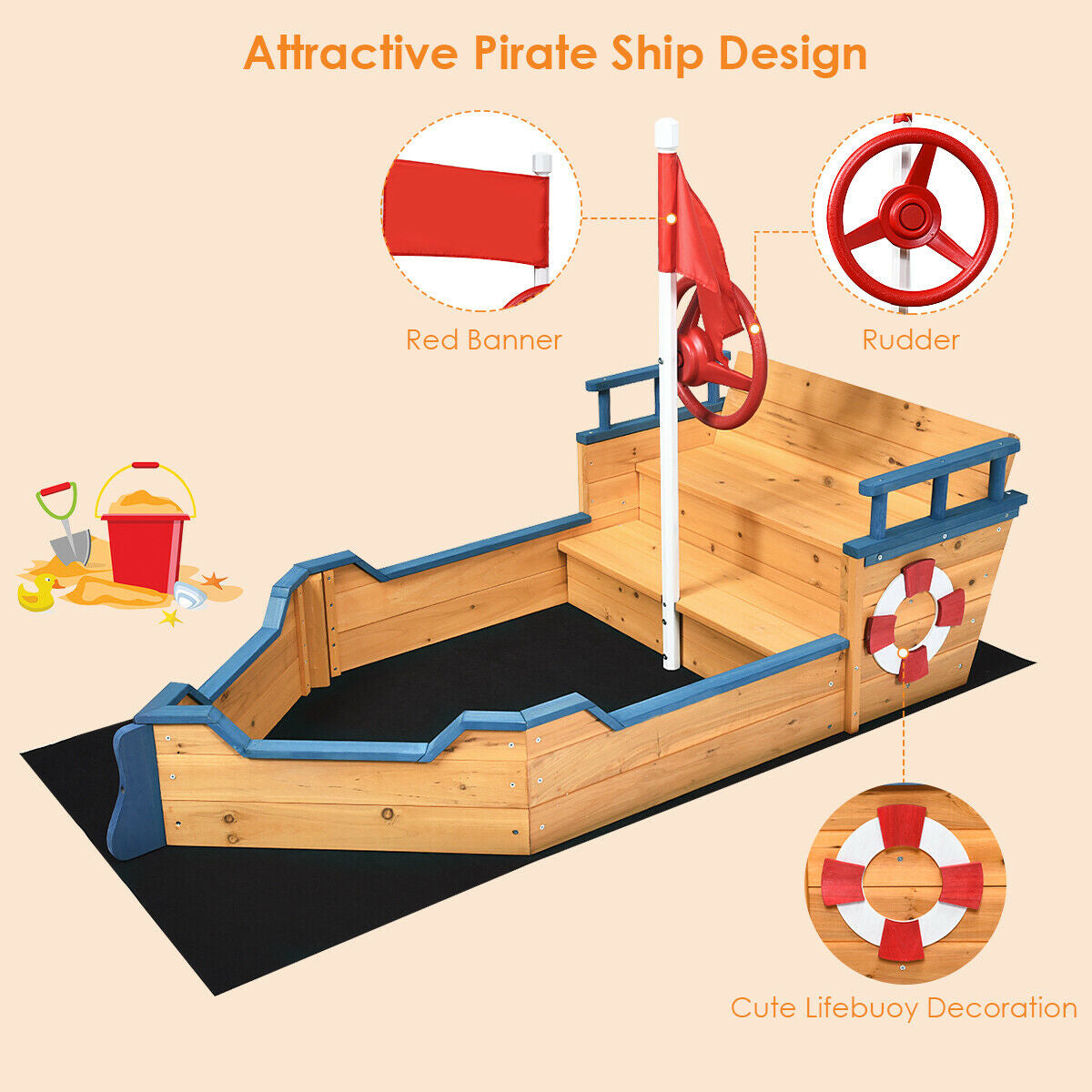 Wooden Pirate Boat Wood Sandbox for Kids Kids Crystal