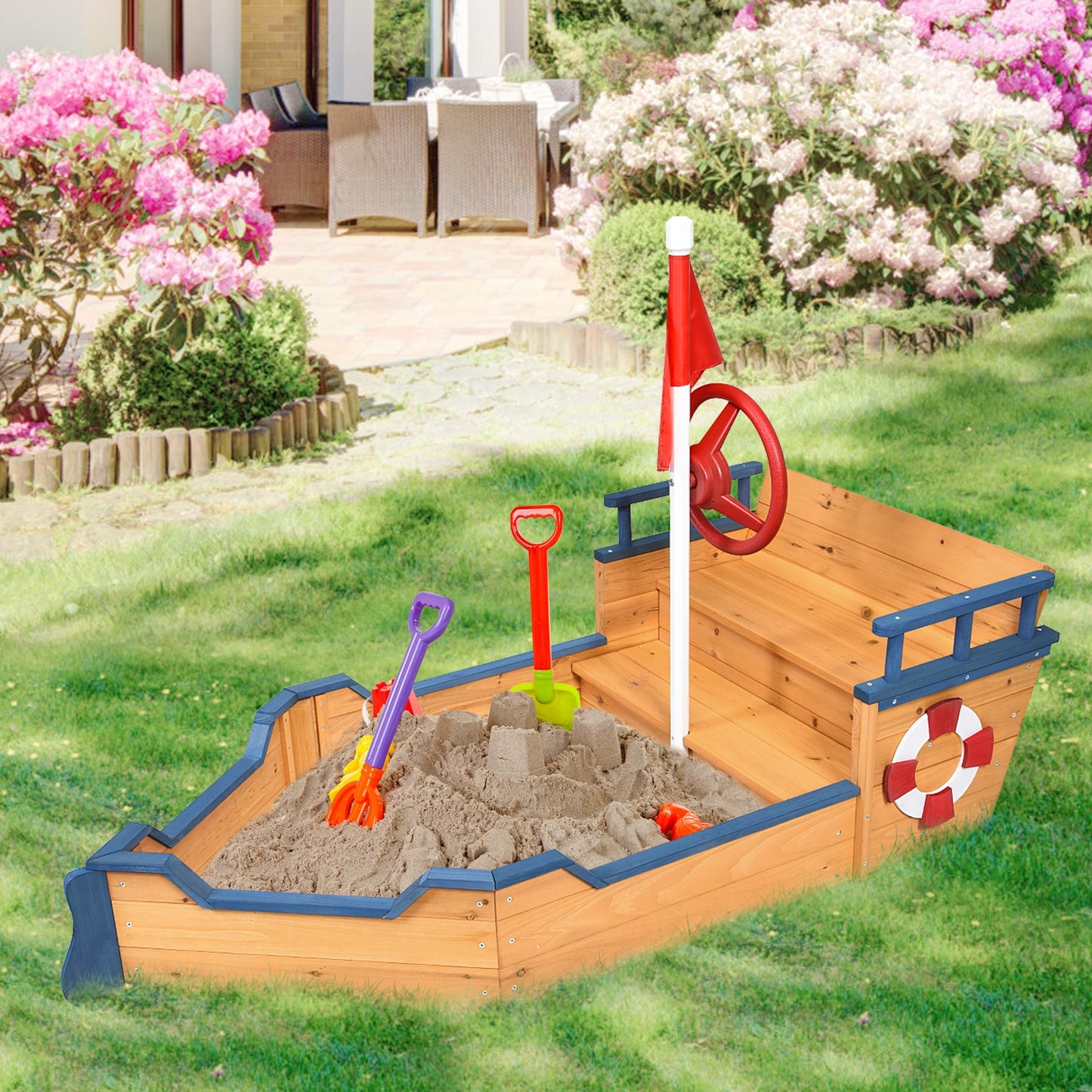 Wooden Pirate Boat Wood Sandbox for Kids Kids Crystal