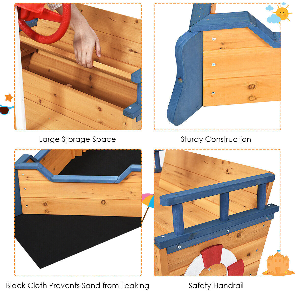 Wooden Pirate Boat Wood Sandbox for Kids Kids Crystal