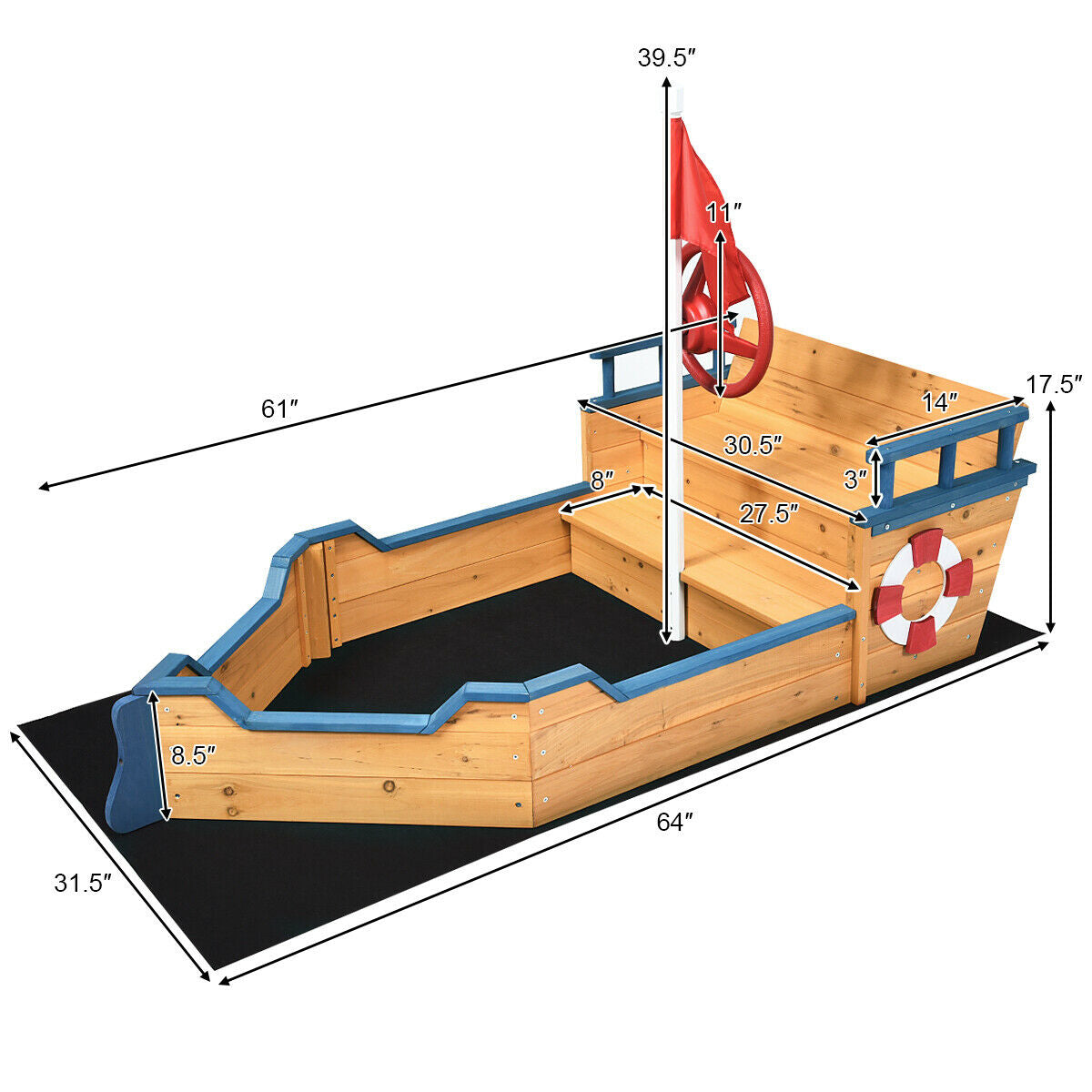Wooden Pirate Boat Wood Sandbox for Kids Kids Crystal