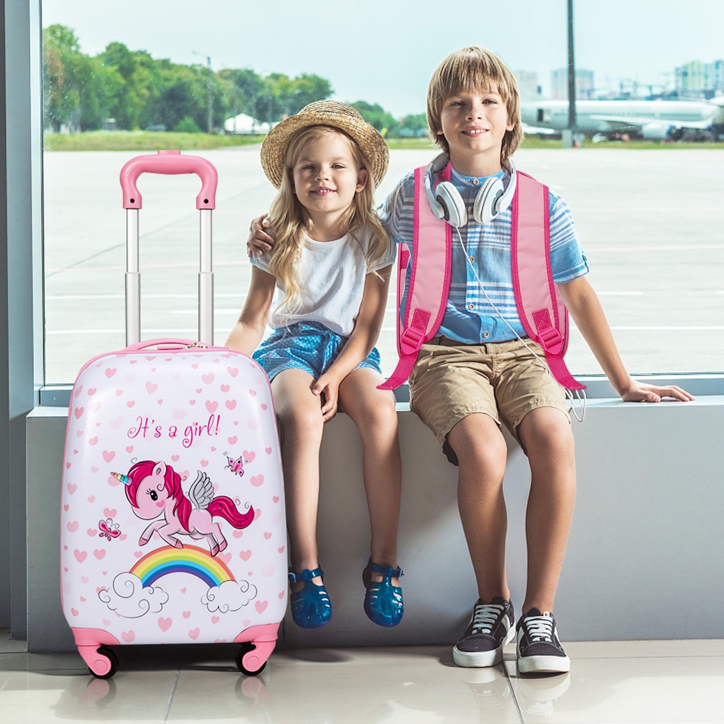 2 Pieces Kids Luggage Set 12 Inch Backpack and 16 Inch Kid Carry on Suitcase with Wheels Kids Crystal