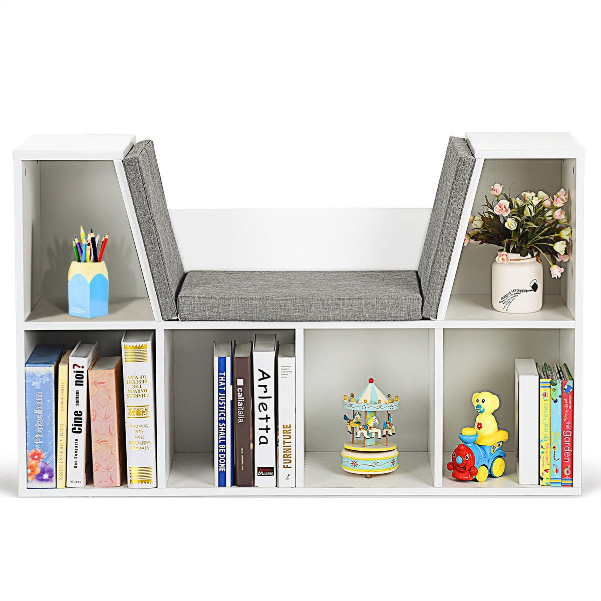 6-Cubby Kid Storage Bookcase Cushioned Reading Nook-White Kids Crystal