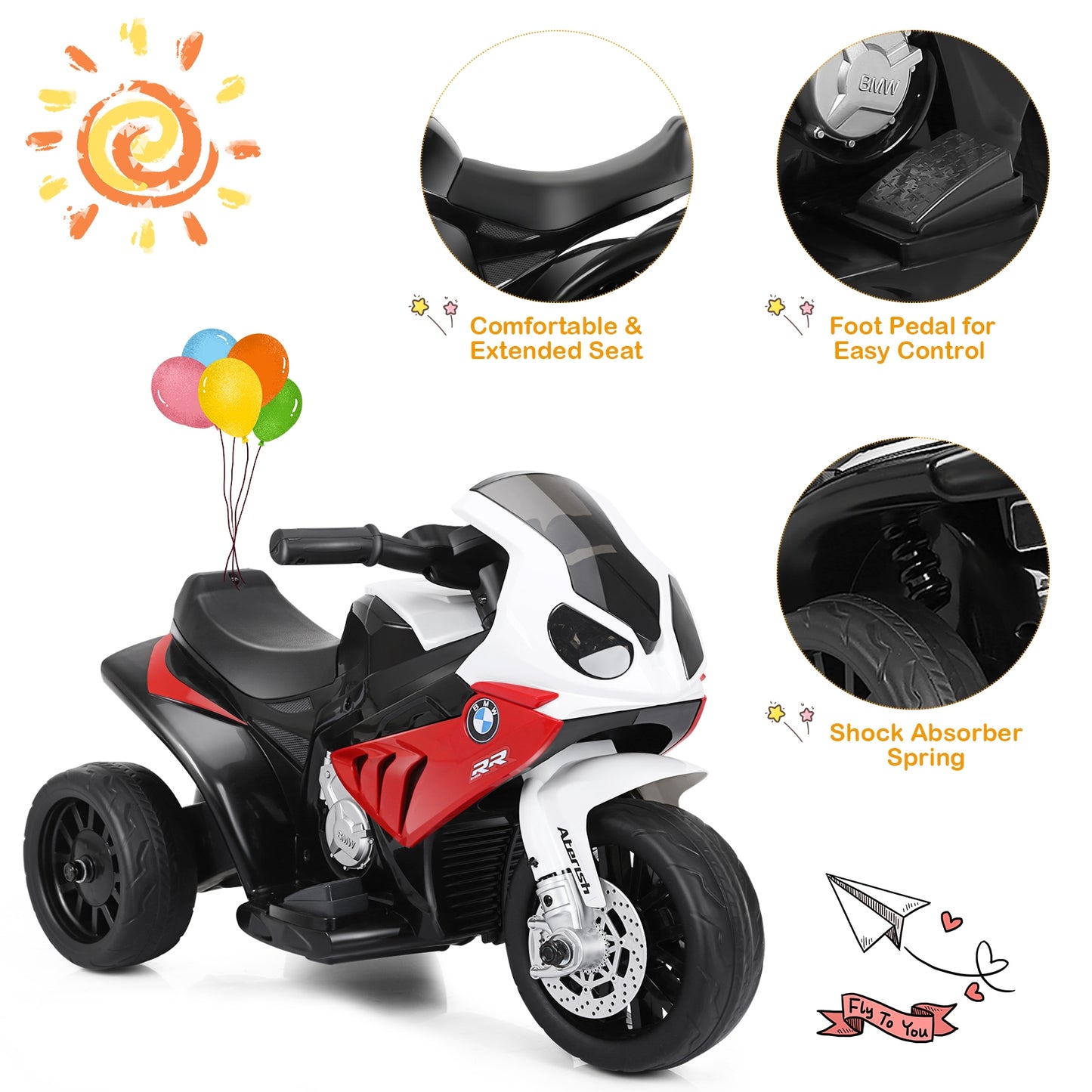 6V Kids 3 Wheels Riding BMW Licensed Electric Motorcycle-Red Kids Crystal