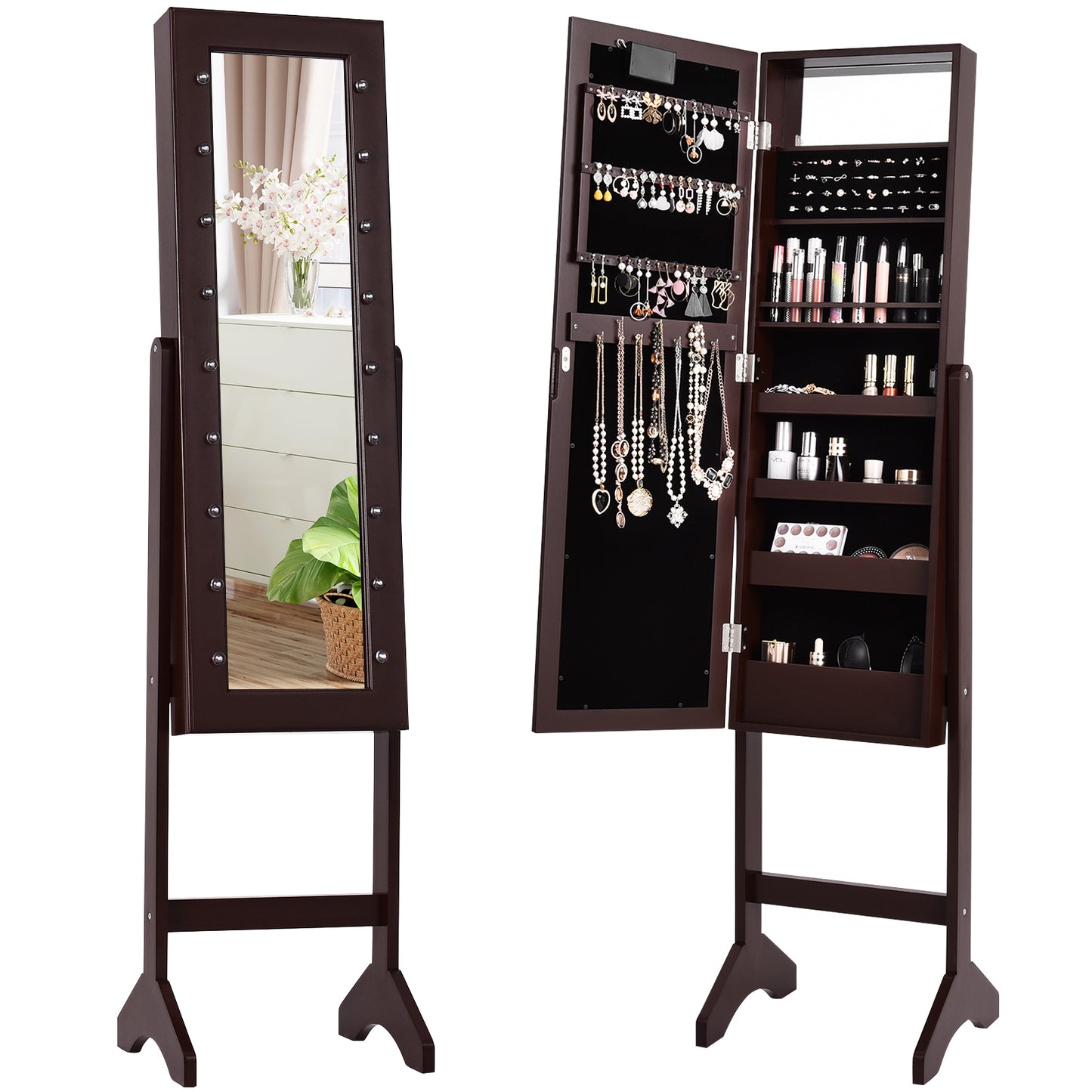 Mirrored Jewelry Cabinet Armoire Organizer w/ LED lights-Brown Kids Crystal