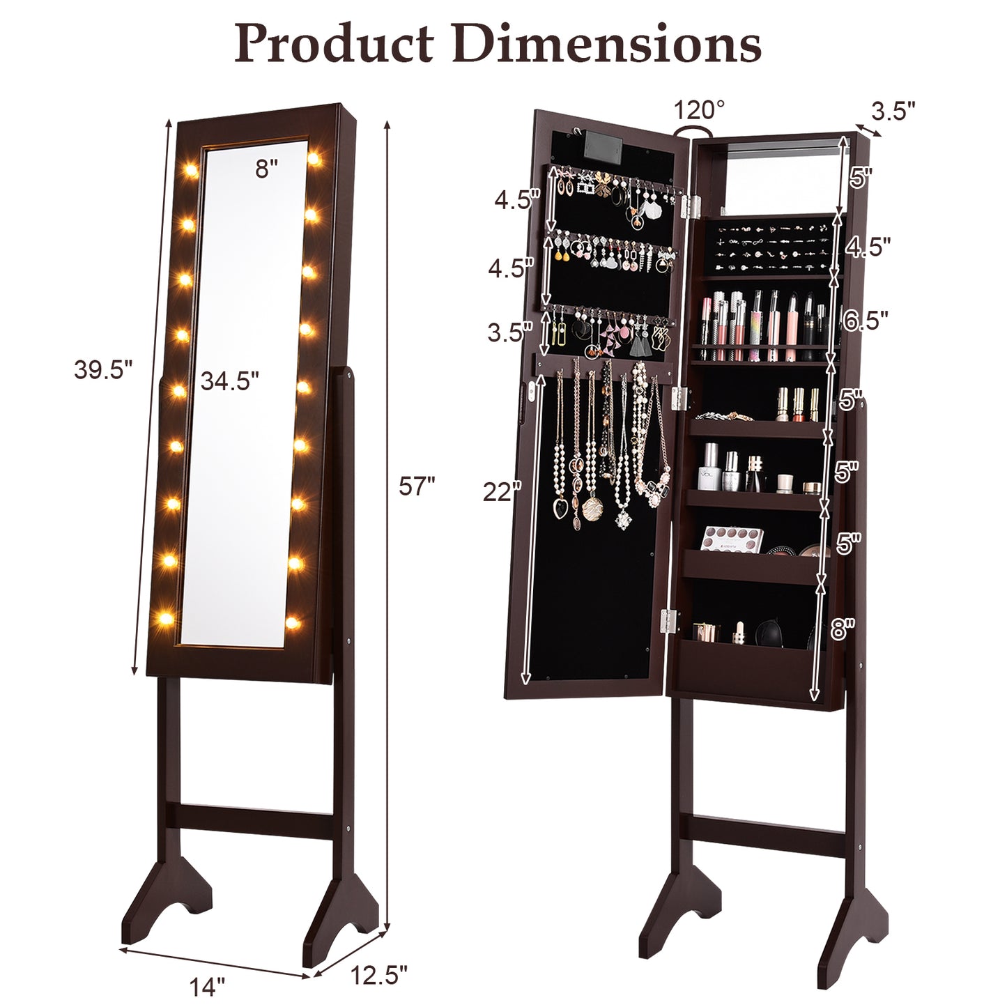 Mirrored Jewelry Cabinet Armoire Organizer w/ LED lights-Brown Kids Crystal