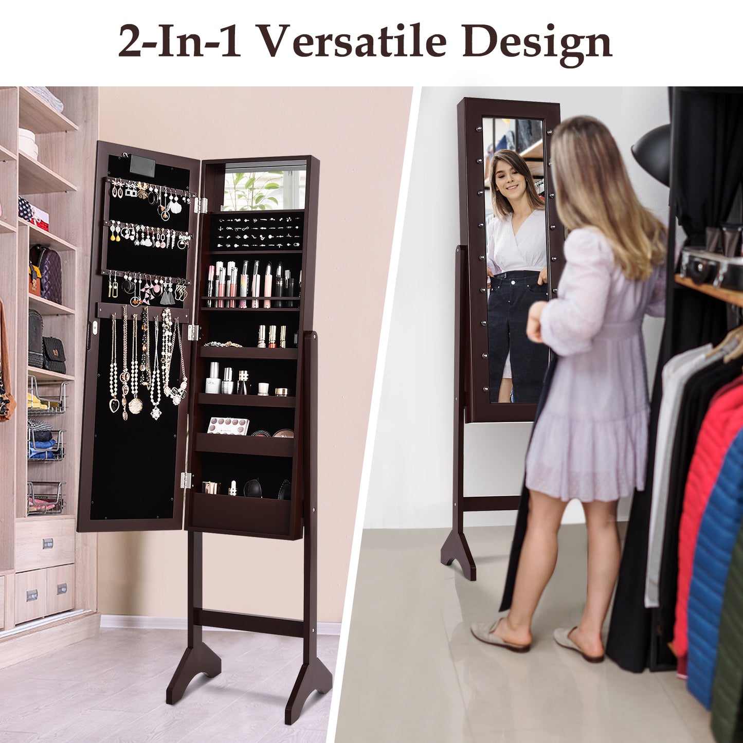 Mirrored Jewelry Cabinet Armoire Organizer w/ LED lights-Brown Kids Crystal