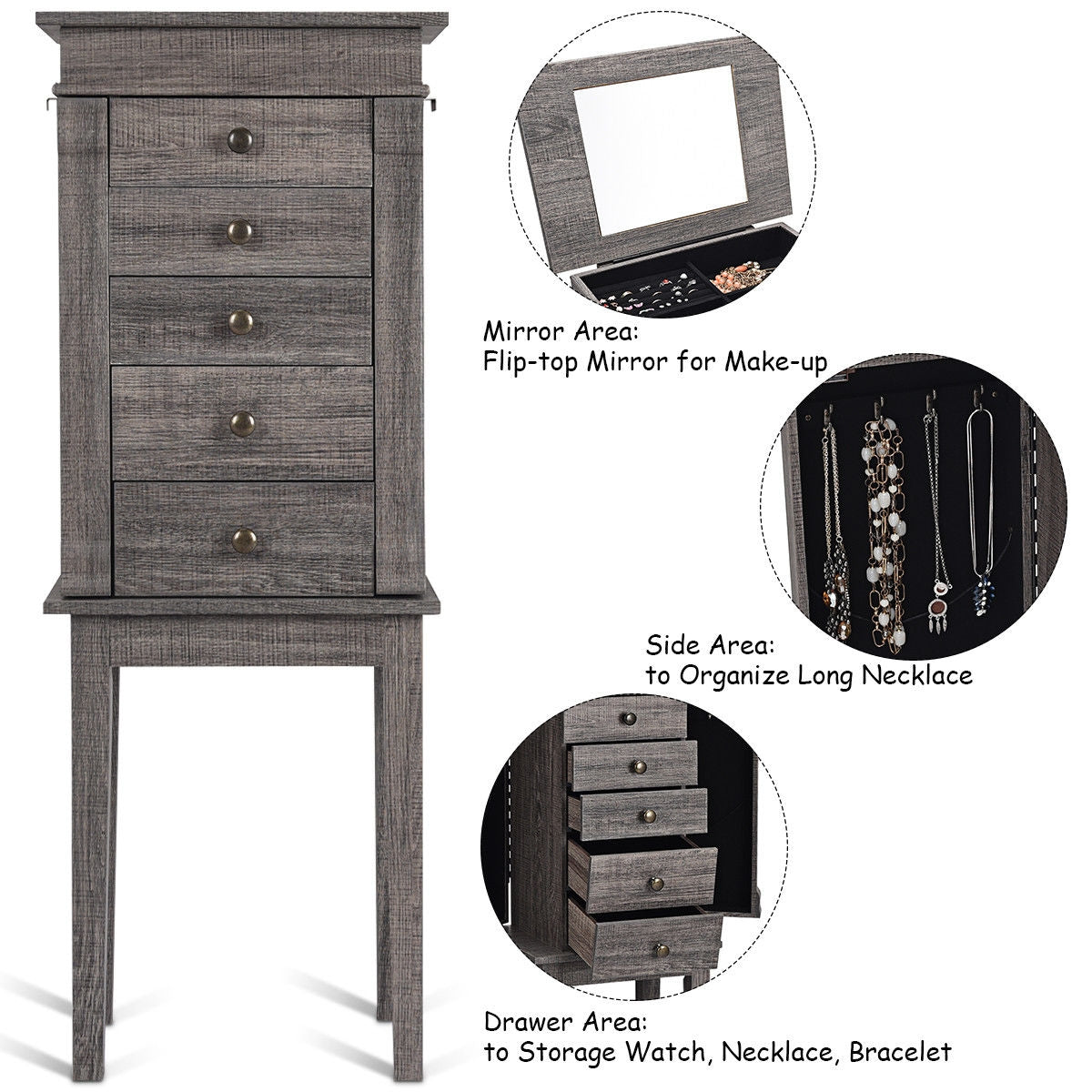 Standing Jewelry Cabinet Storage Organizer with Wooden Legs Kids Crystal