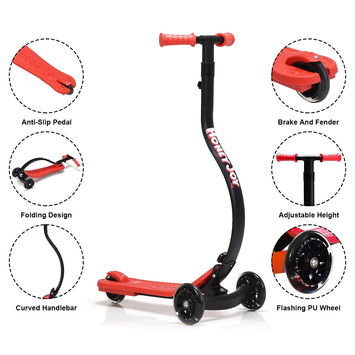 Folding Kids C Shape Anti-Collision Adjustable Kick Scooter -Red Kids Crystal