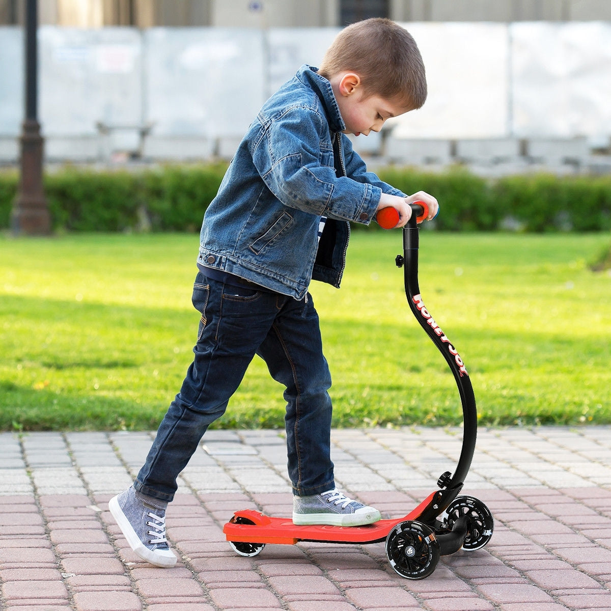Folding Kids C Shape Anti-Collision Adjustable Kick Scooter -Red Kids Crystal