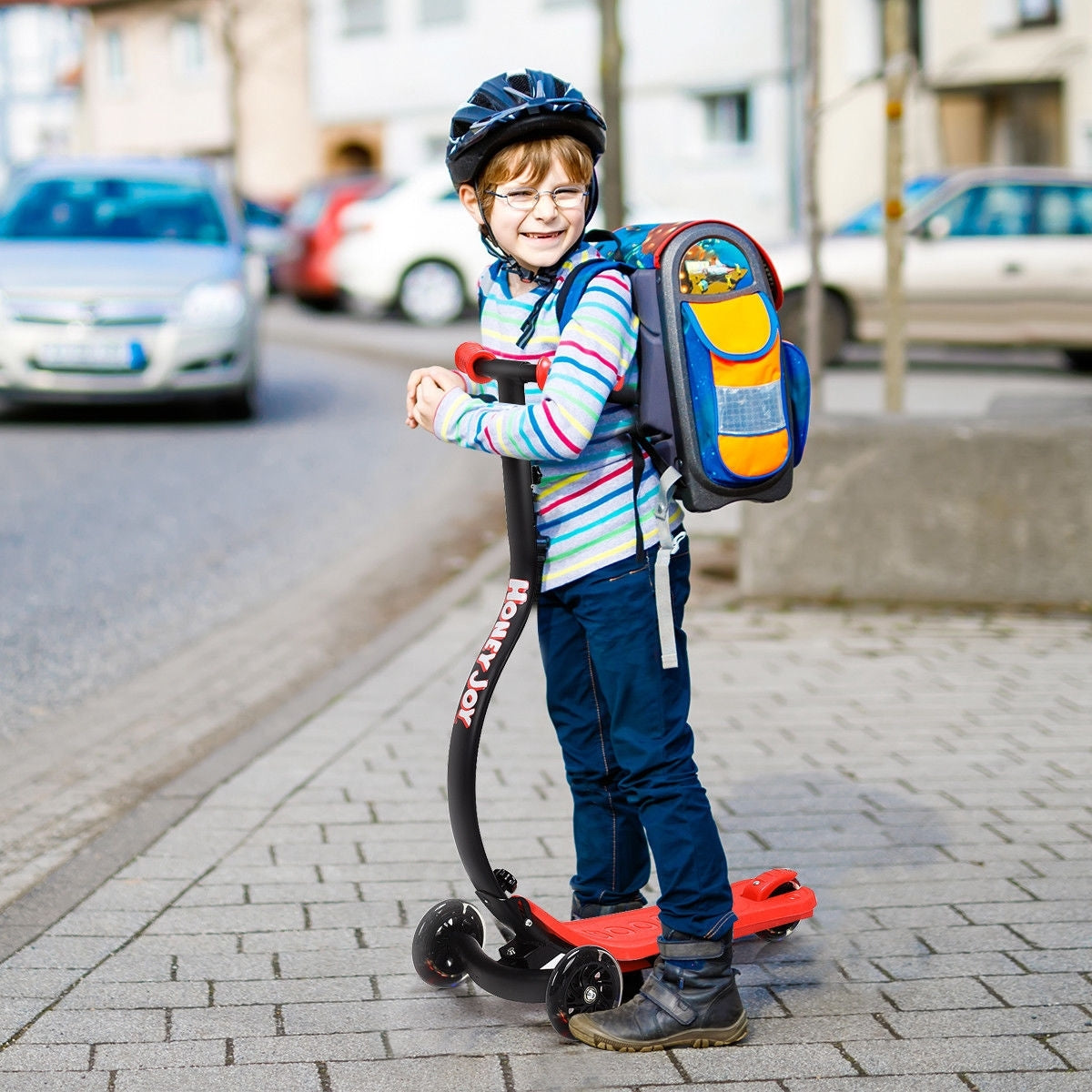 Folding Kids C Shape Anti-Collision Adjustable Kick Scooter -Red Kids Crystal