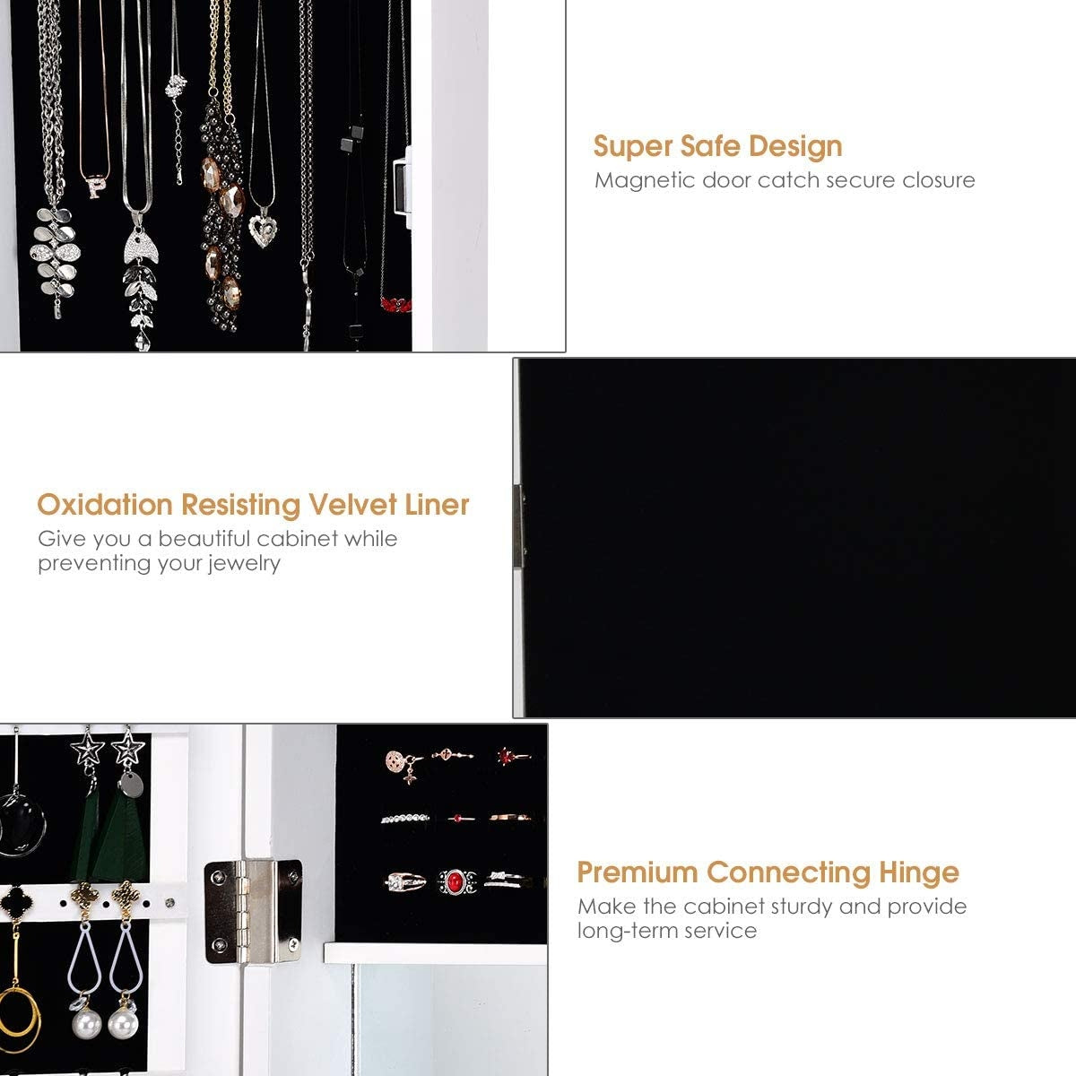 Wall Door Mounted Mirrored Jewelry Cabinet Storage Organizer-White Kids Crystal