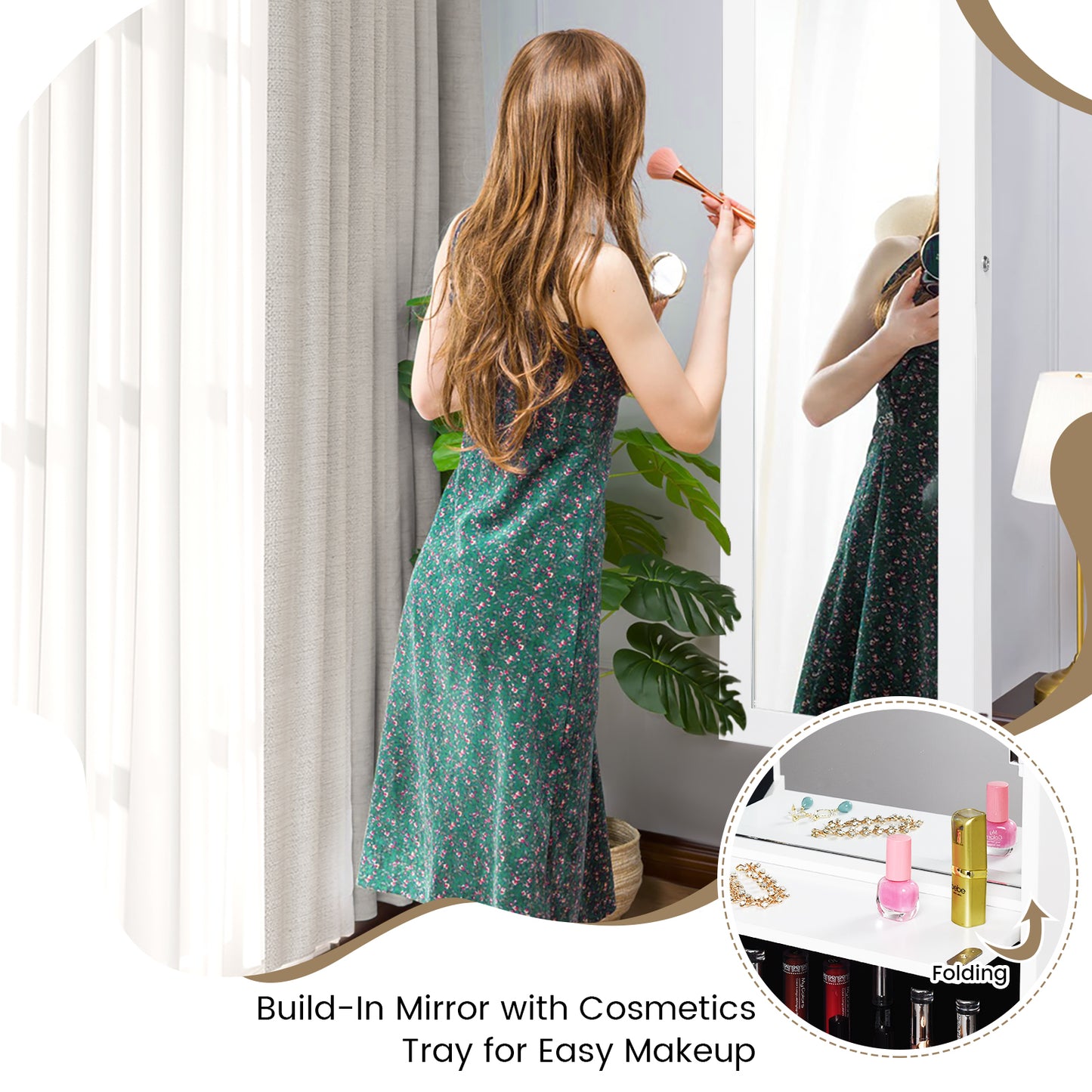 Lockable Wall Door Mounted Mirror Jewelry Cabinet with LED Lights-White Kids Crystal