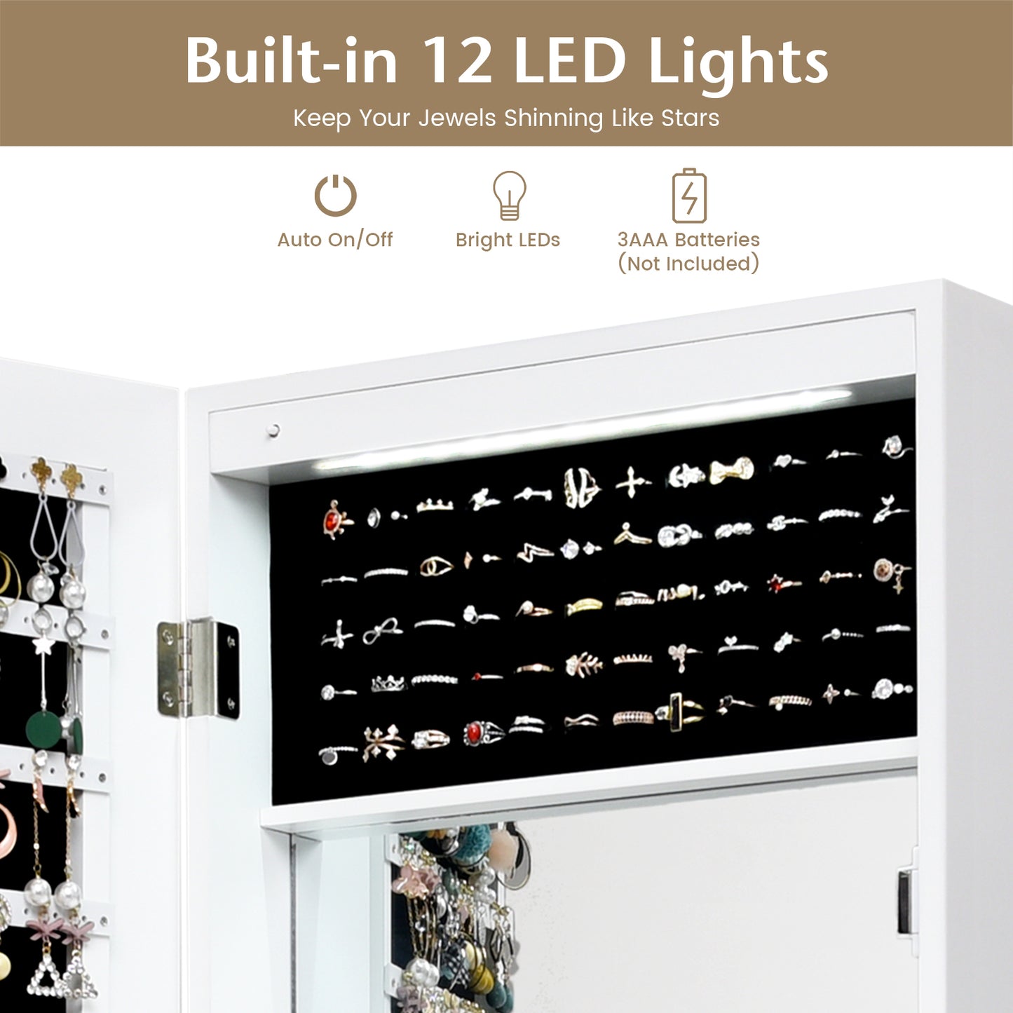 Lockable Wall Door Mounted Mirror Jewelry Cabinet with LED Lights-White Kids Crystal