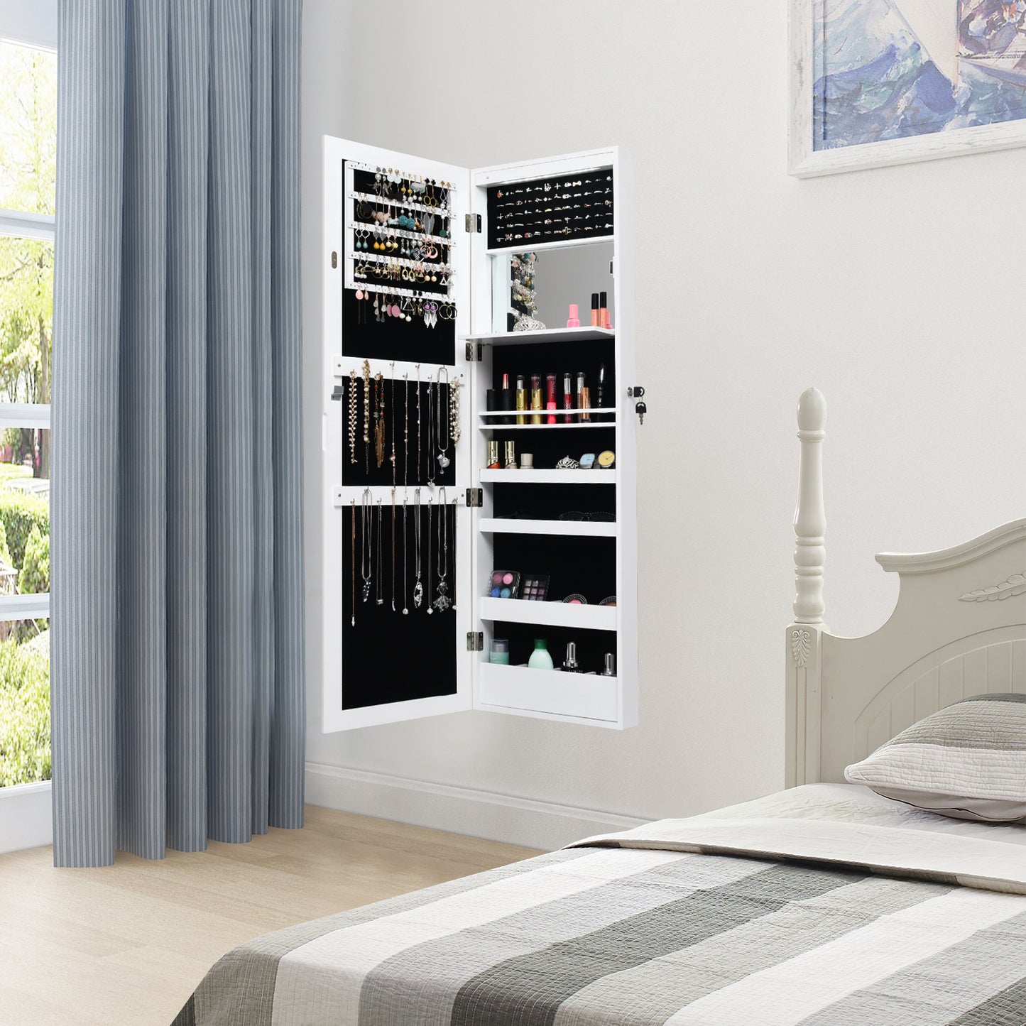 Lockable Wall Door Mounted Mirror Jewelry Cabinet with LED Lights-White Kids Crystal