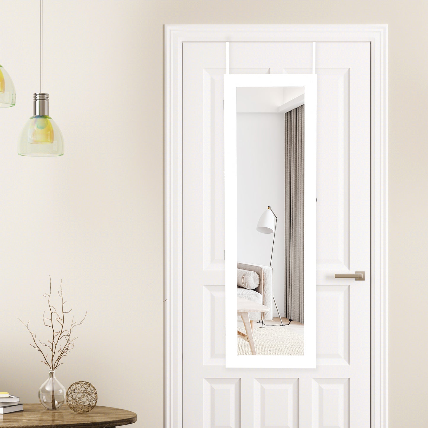 Lockable Wall Door Mounted Mirror Jewelry Cabinet with LED Lights-White Kids Crystal