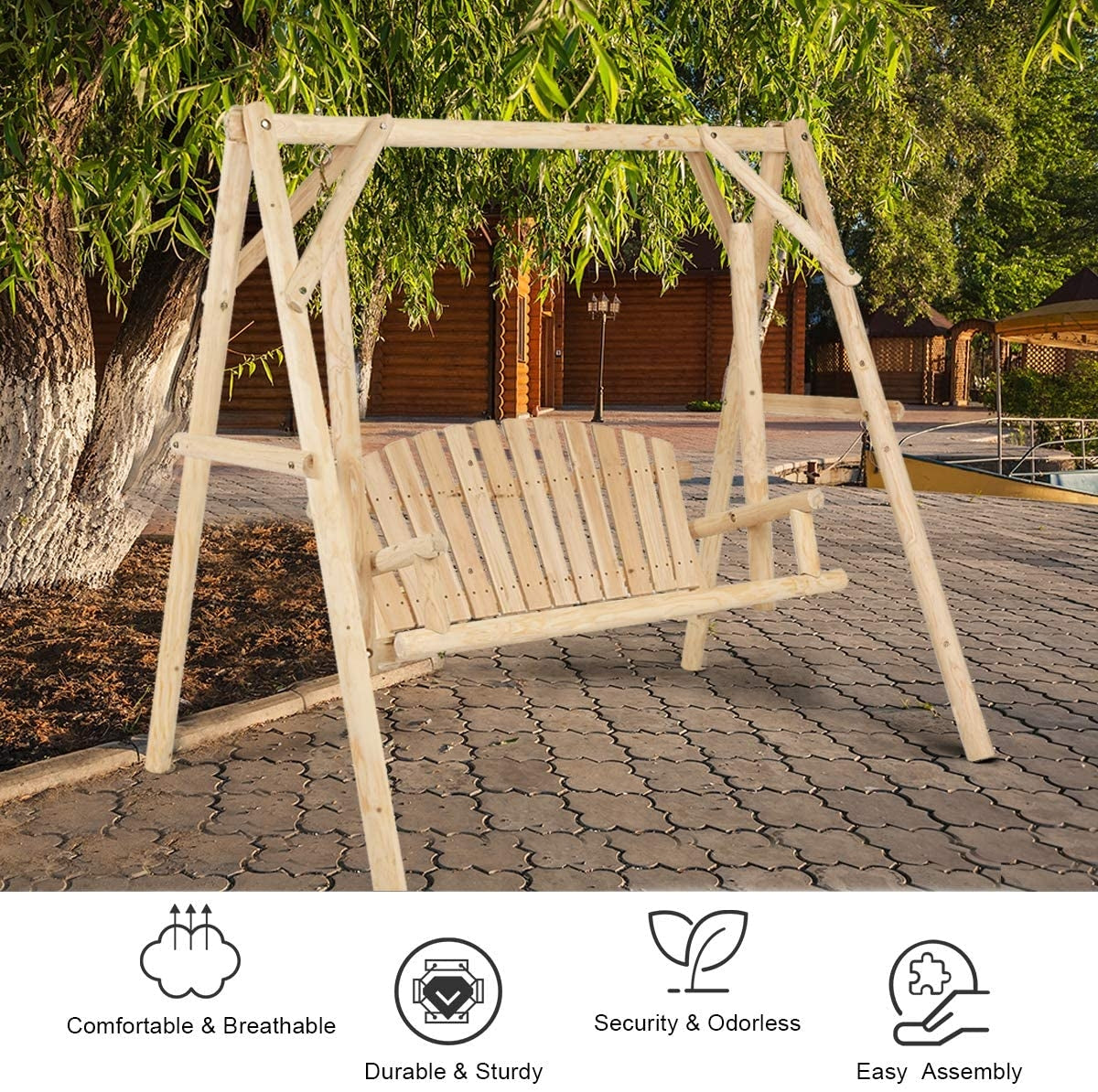 Outdoor Wooden Porch Bench Swing Chair with Rustic Curved Back Kids Crystal