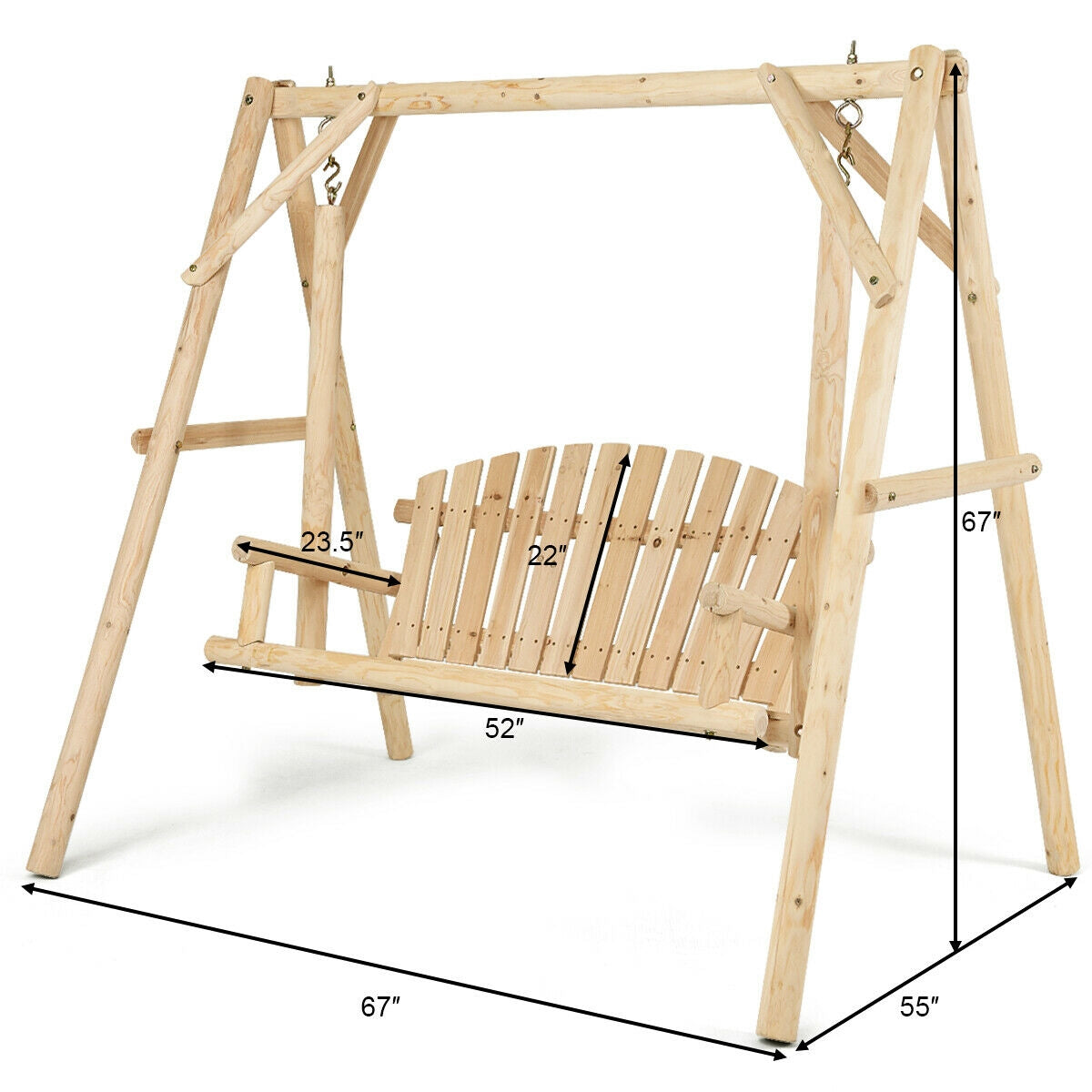 Outdoor Wooden Porch Bench Swing Chair with Rustic Curved Back Kids Crystal