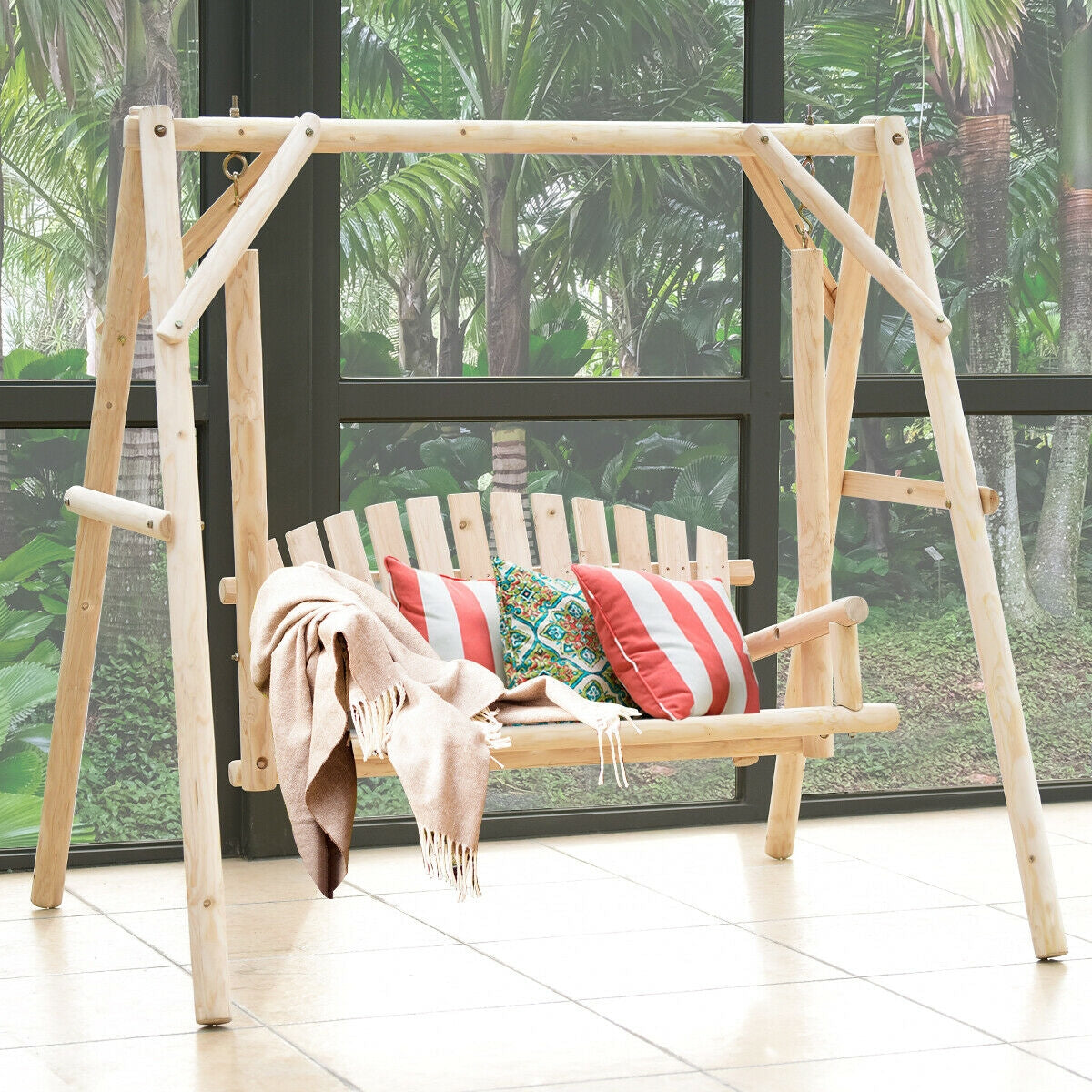 Outdoor Wooden Porch Bench Swing Chair with Rustic Curved Back Kids Crystal