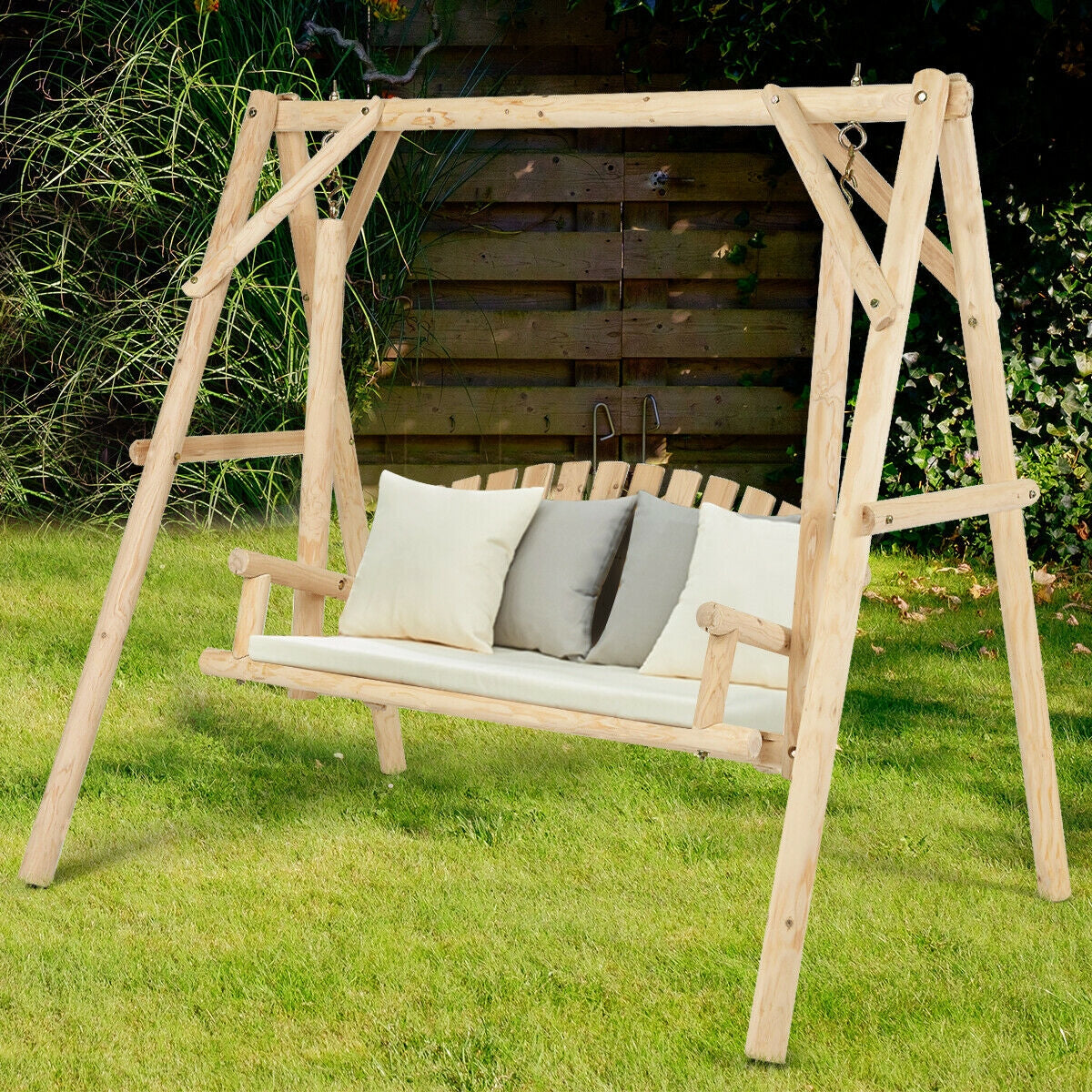 Outdoor Wooden Porch Bench Swing Chair with Rustic Curved Back Kids Crystal
