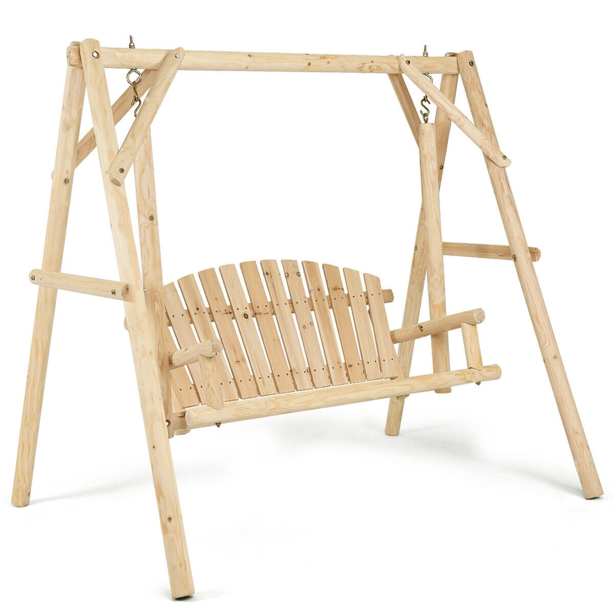 Outdoor Wooden Porch Bench Swing Chair with Rustic Curved Back Kids Crystal