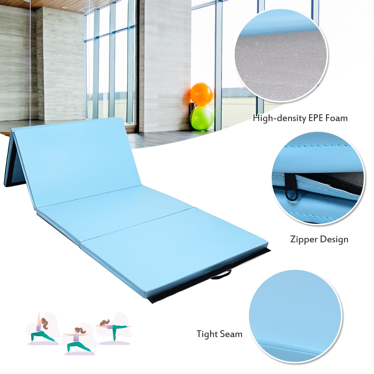 4 Feet x 10 Feet Thick Folding Panel Gymnastics Mat-Light Blue Kids Crystal