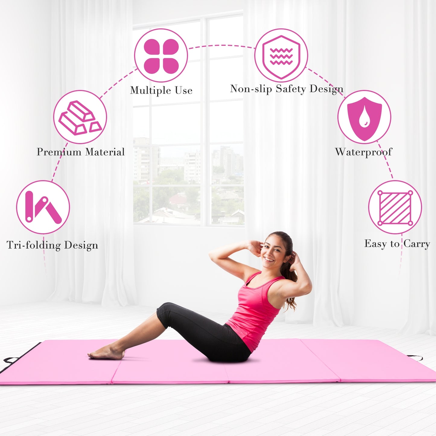 4-Panel Folding Gymnastics Mat with Carrying Handles-Pink Kids Crystal